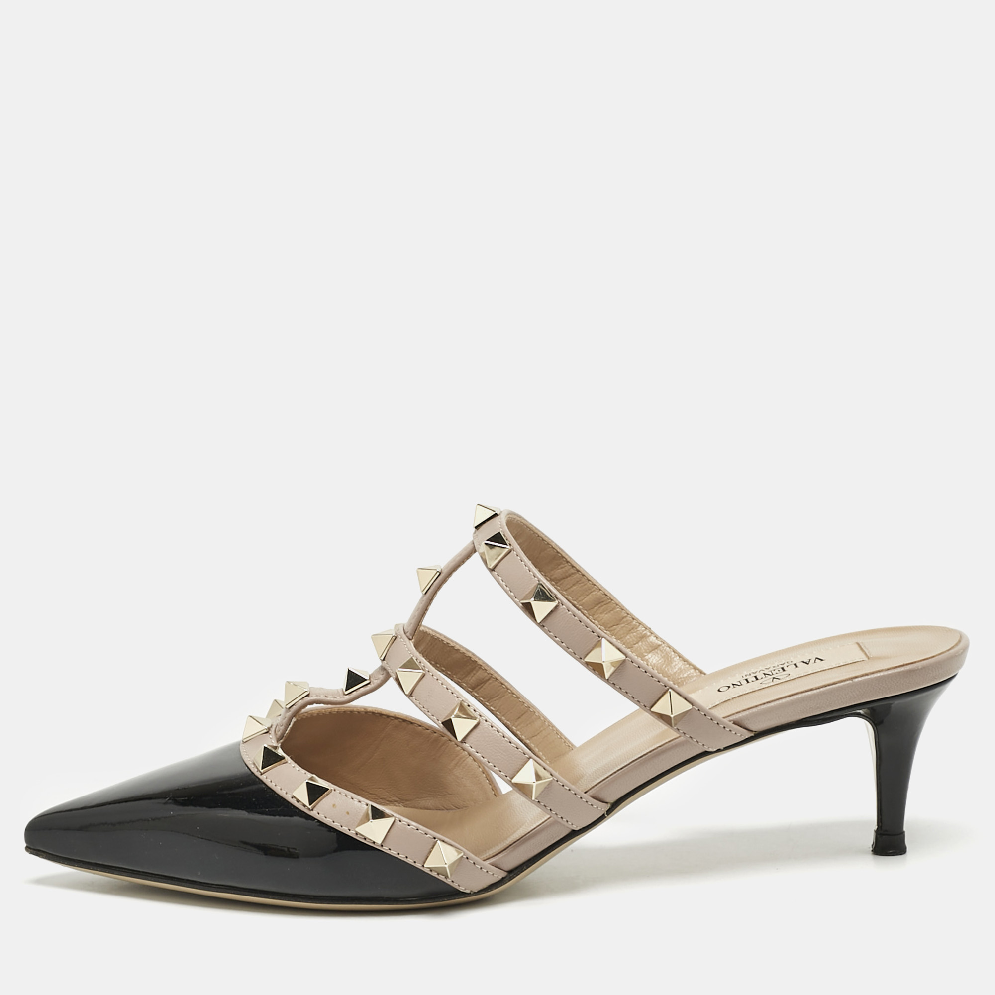 Pre-owned Valentino Garavani Black/dusty Pink Patent And Leather Rockstud Mules Size 37