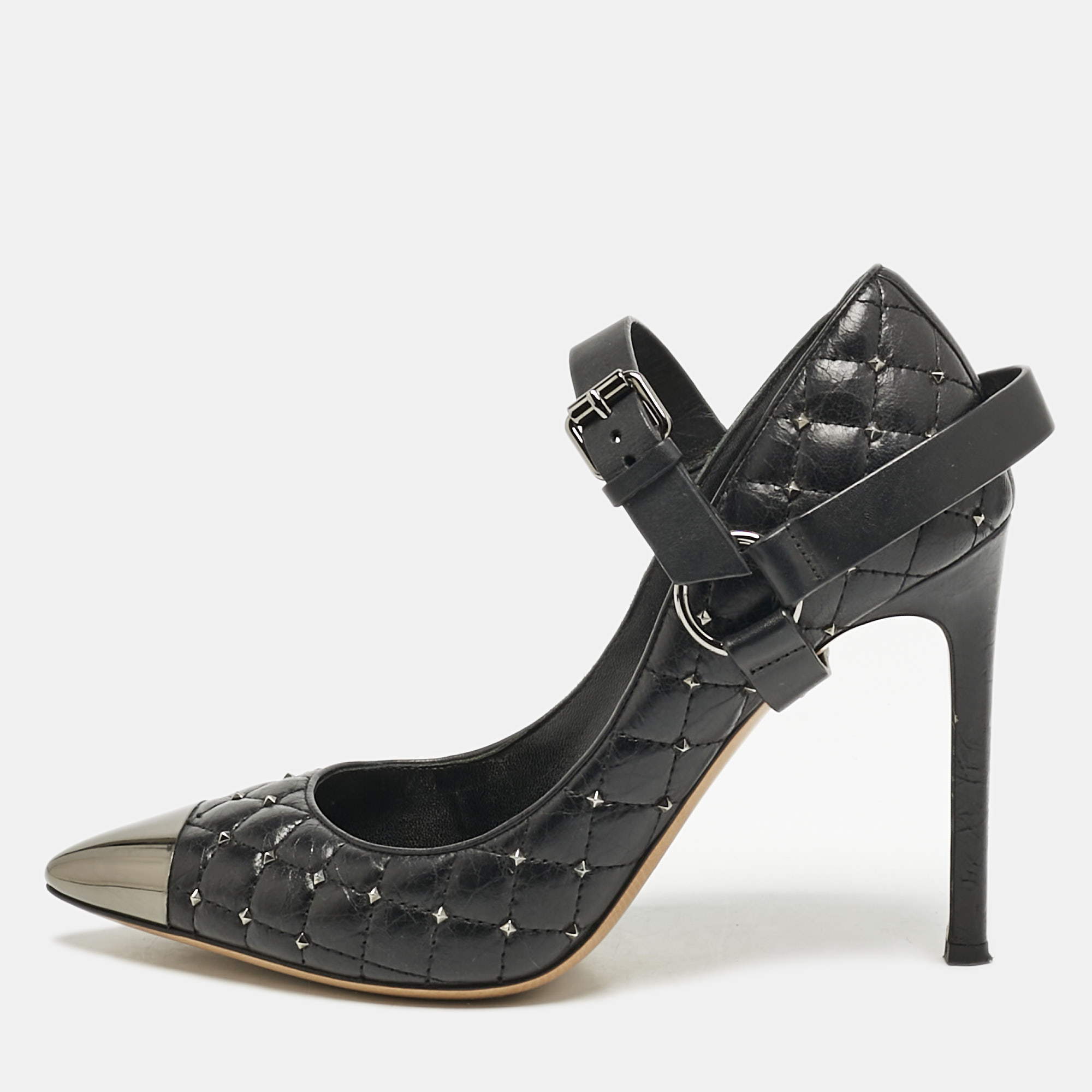 

Valentino Black Quilted Leather Rockstud Spike Ankle Strap Cap Toe Pointed Pumps Size