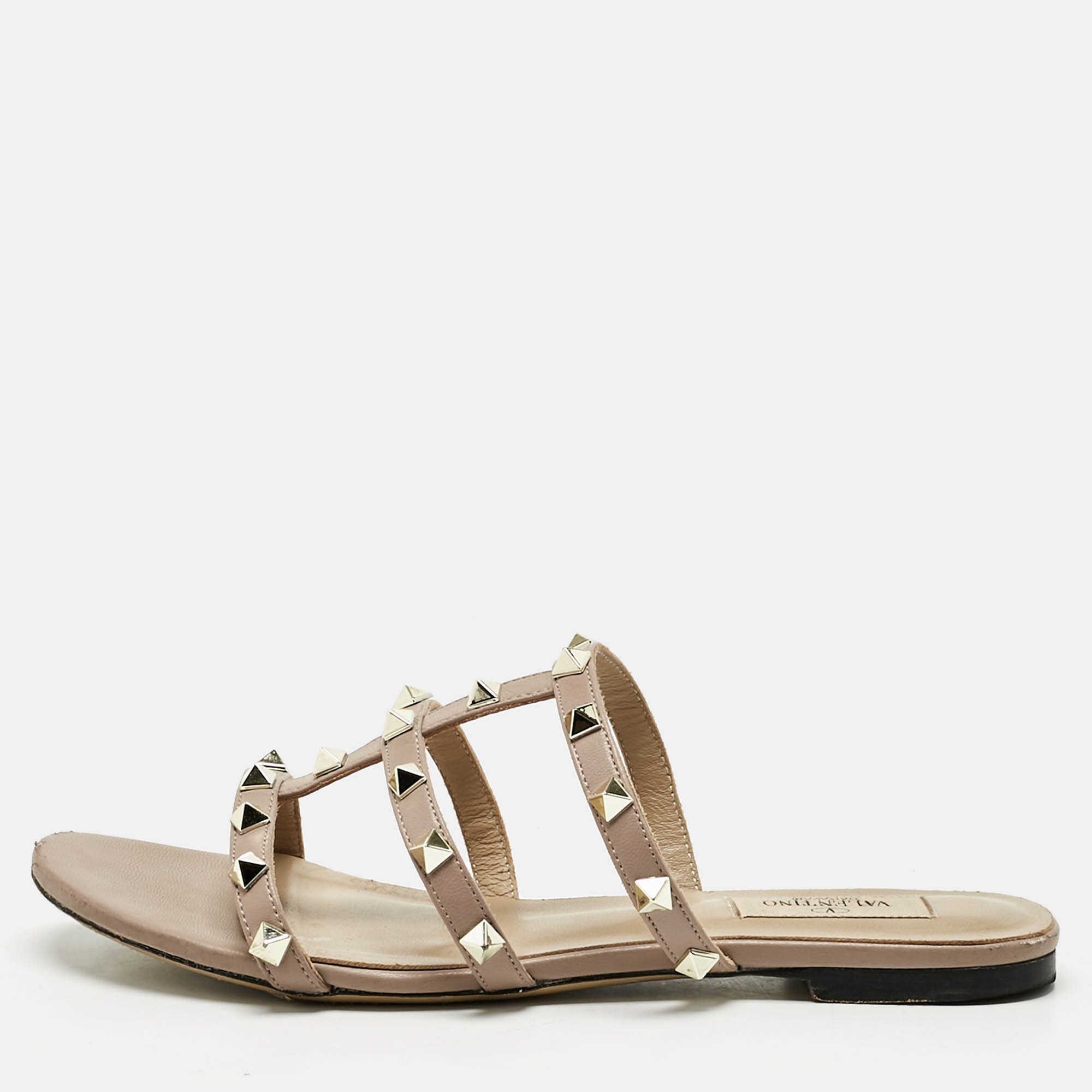 Valentino Dusty Pink Leather Rockstud Flat Slides Size 38
