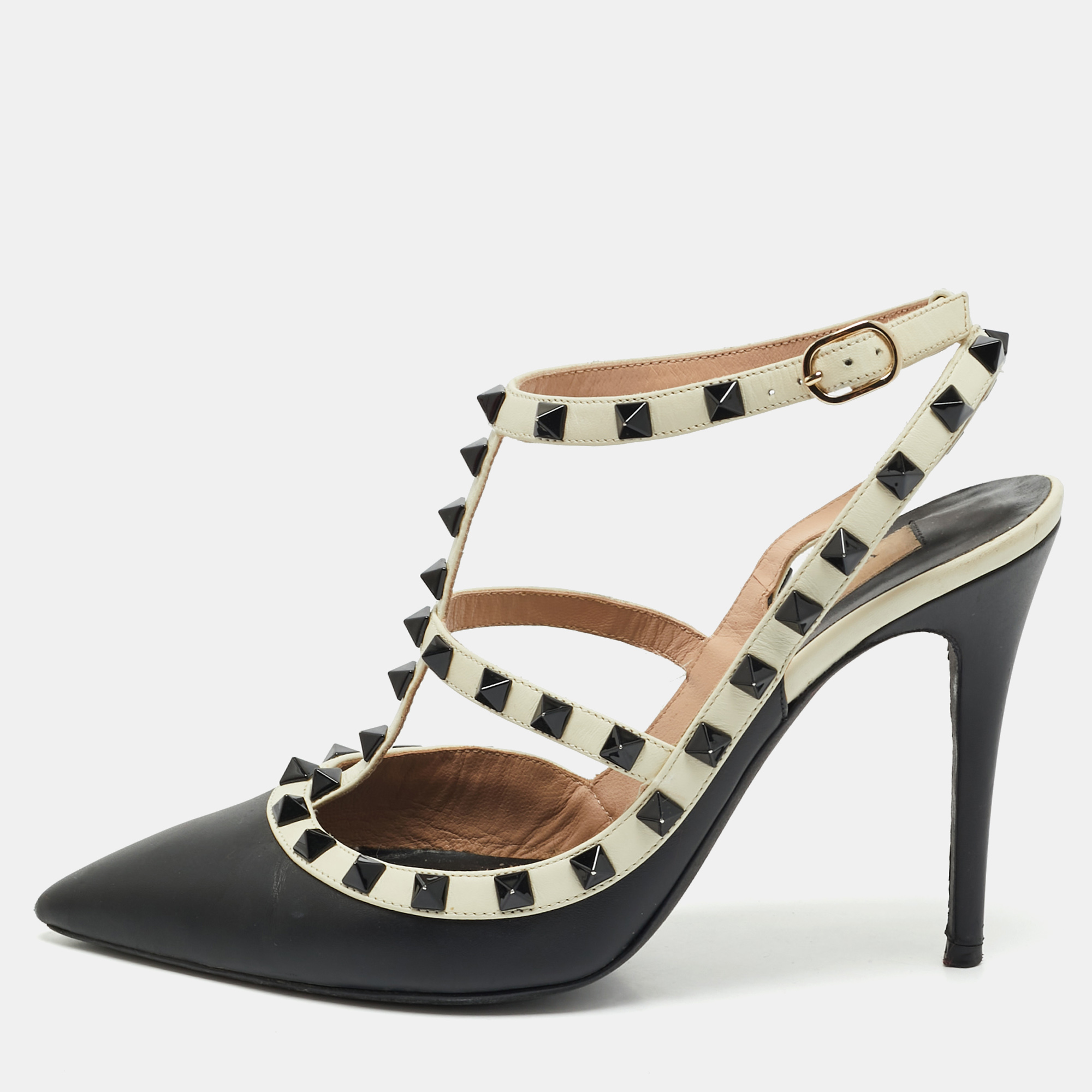 

Valentino Black/White Leather Rockstud Ankle Strap Pumps Size