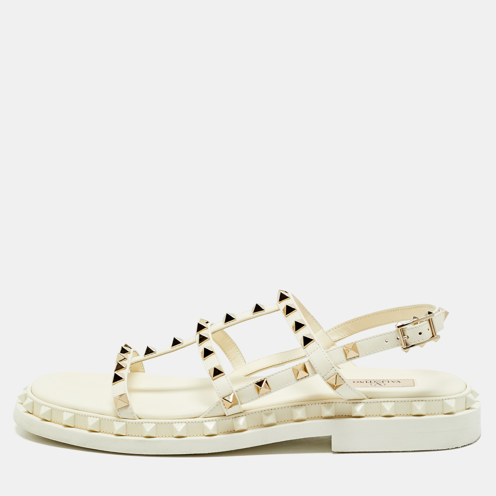 

Valentino Cream Leather Rockstud Slingback Sandals Size