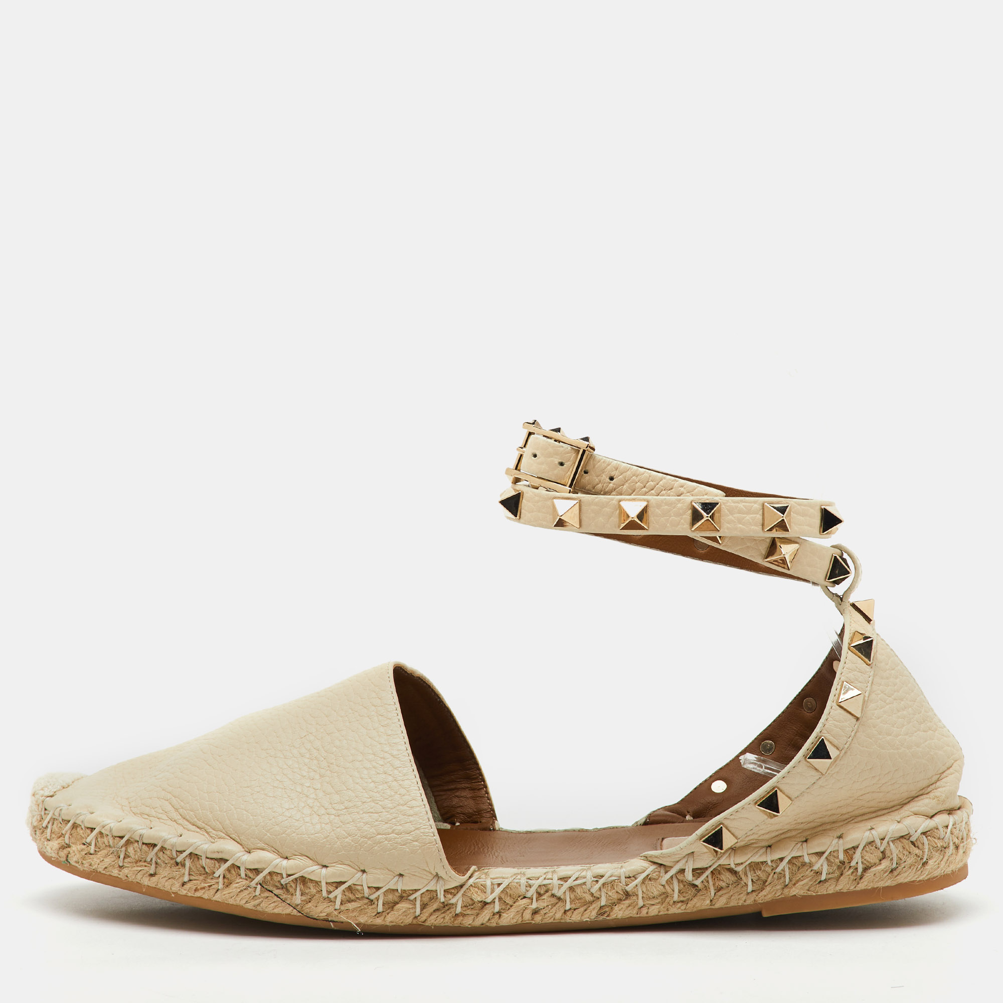 

Valentino Cream Leather Rockstud Ankle Strap Espadrille Flats Size