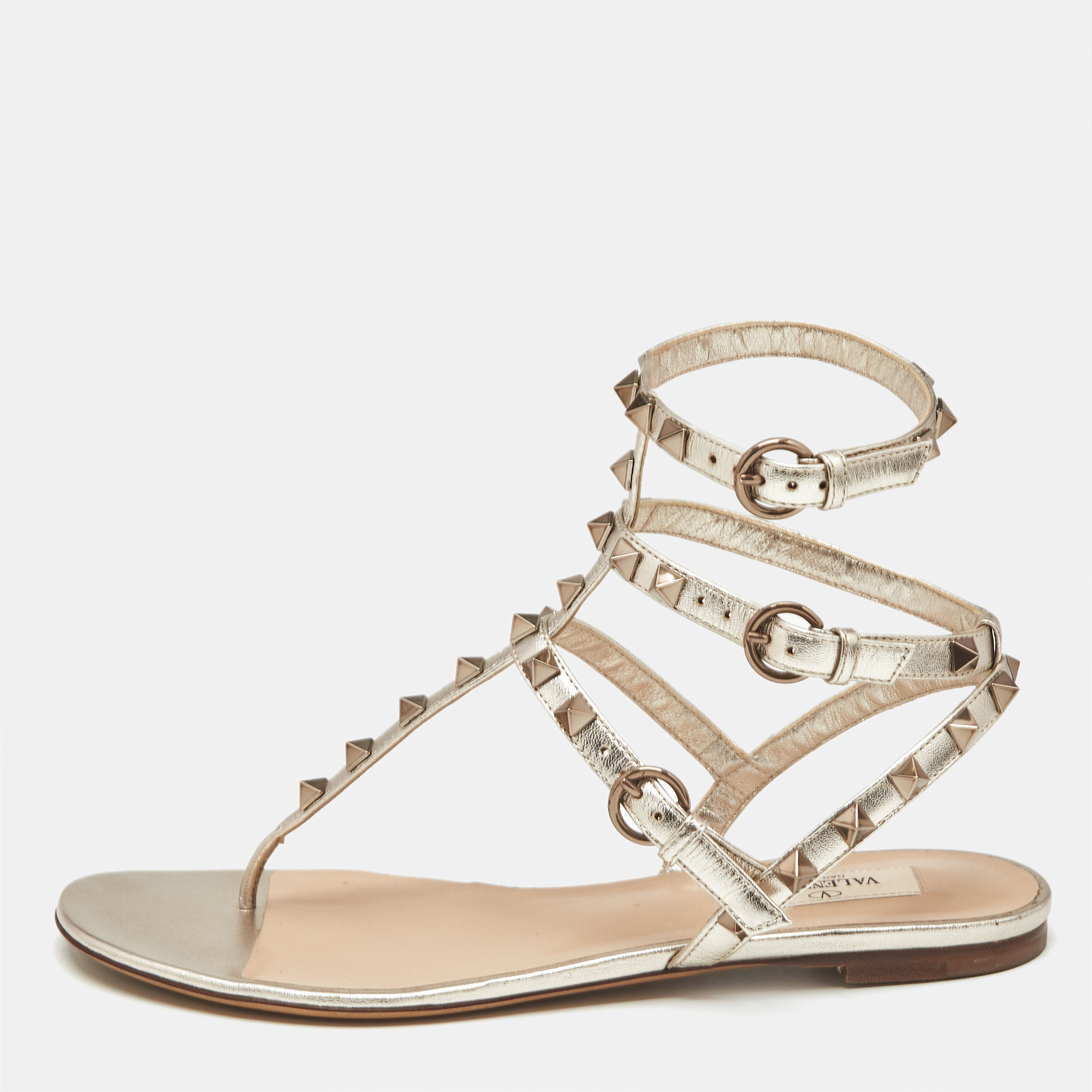 

Valentino Gold Leather Rockstud Ankle Strap Sandals