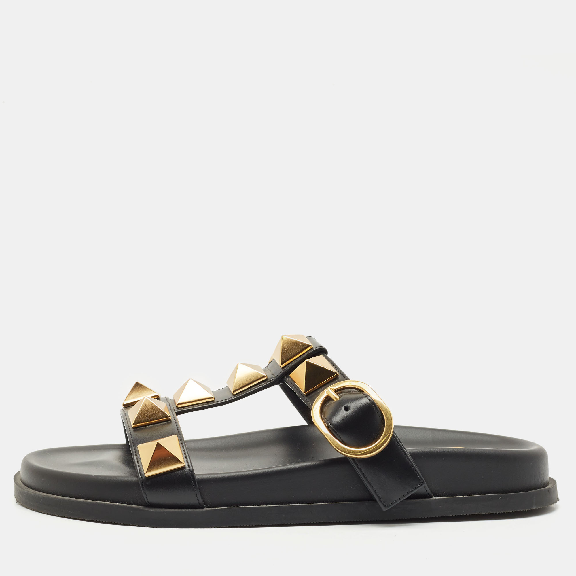 

Valentino Black Leather Roman Stud Flat Slide Sandals Size