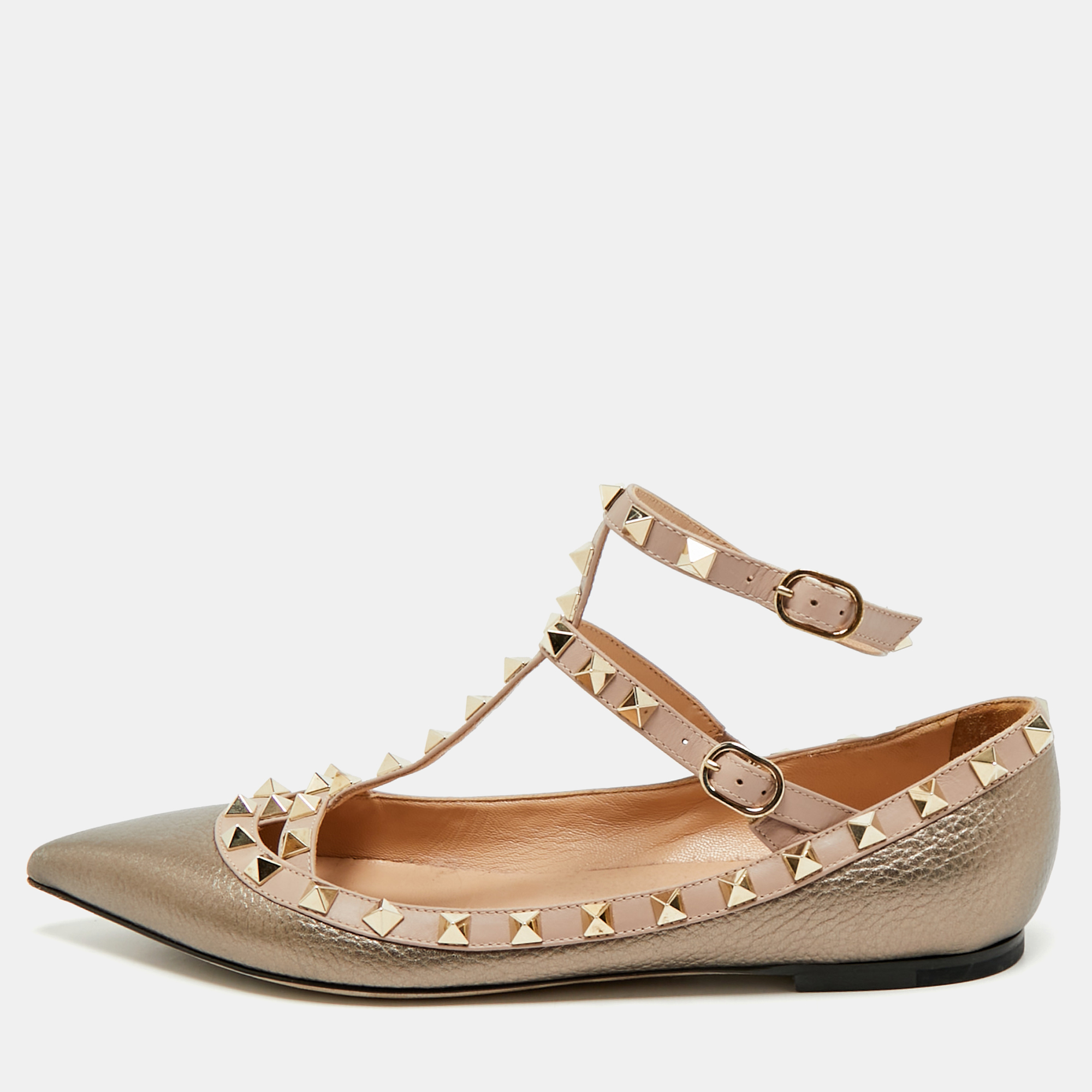 

Valentino Metallic/Beige Leather Rockstud Caged Ankle Strap Ballet Flats Size