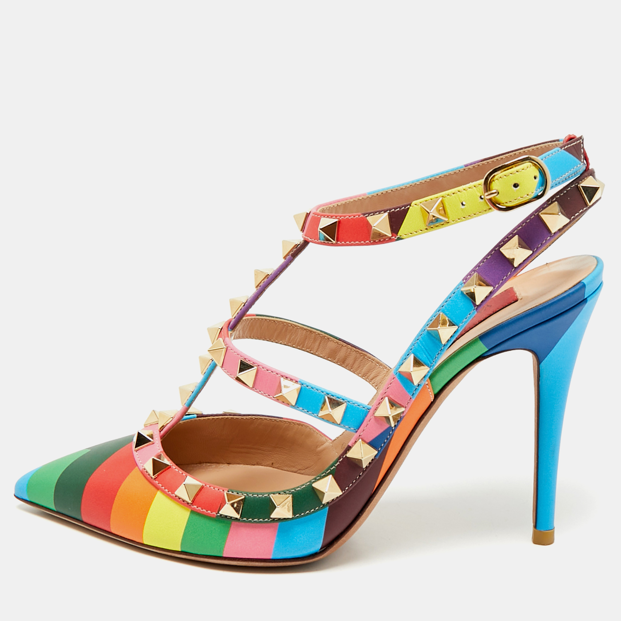 

Valentino Multicolor Leather Rockstud Caged Pumps Size
