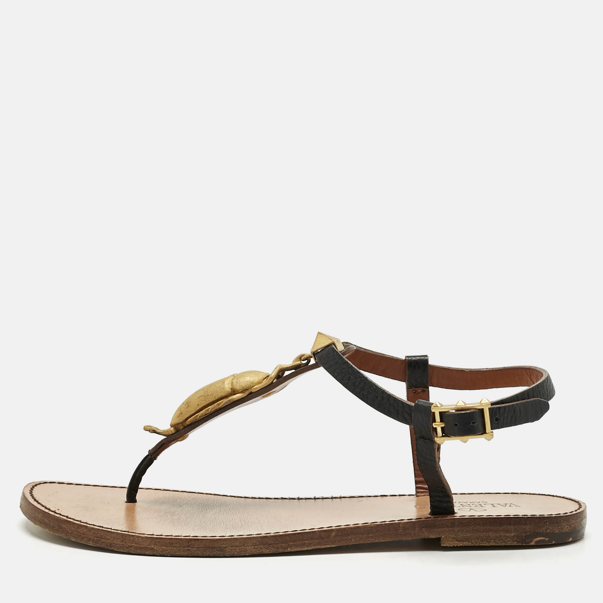 

Valentino Black Leather Embellished Thong Flat Sandals Size