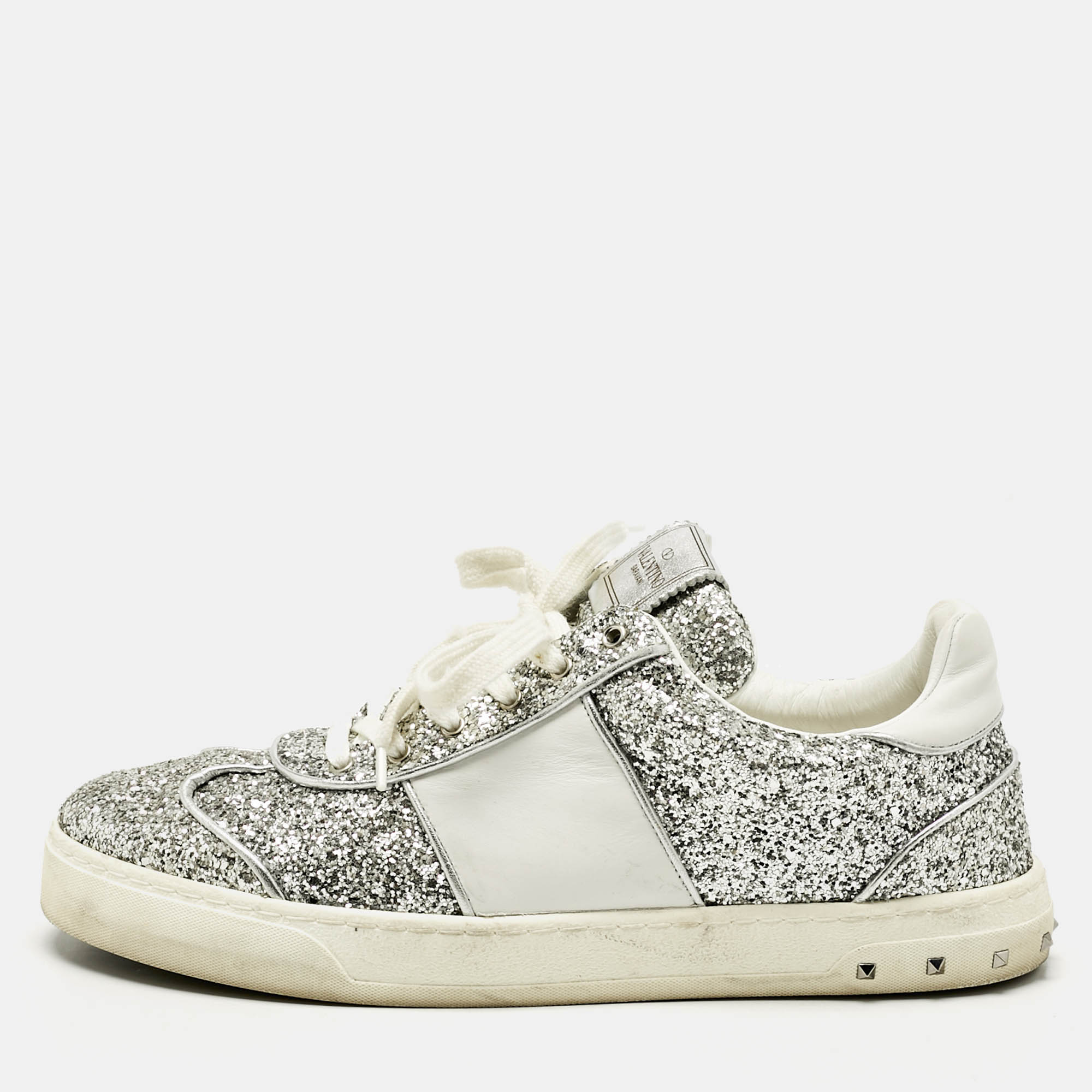 Valentino Silver Glitter and Leather Fly Crew Low Top Sneakers Size 41