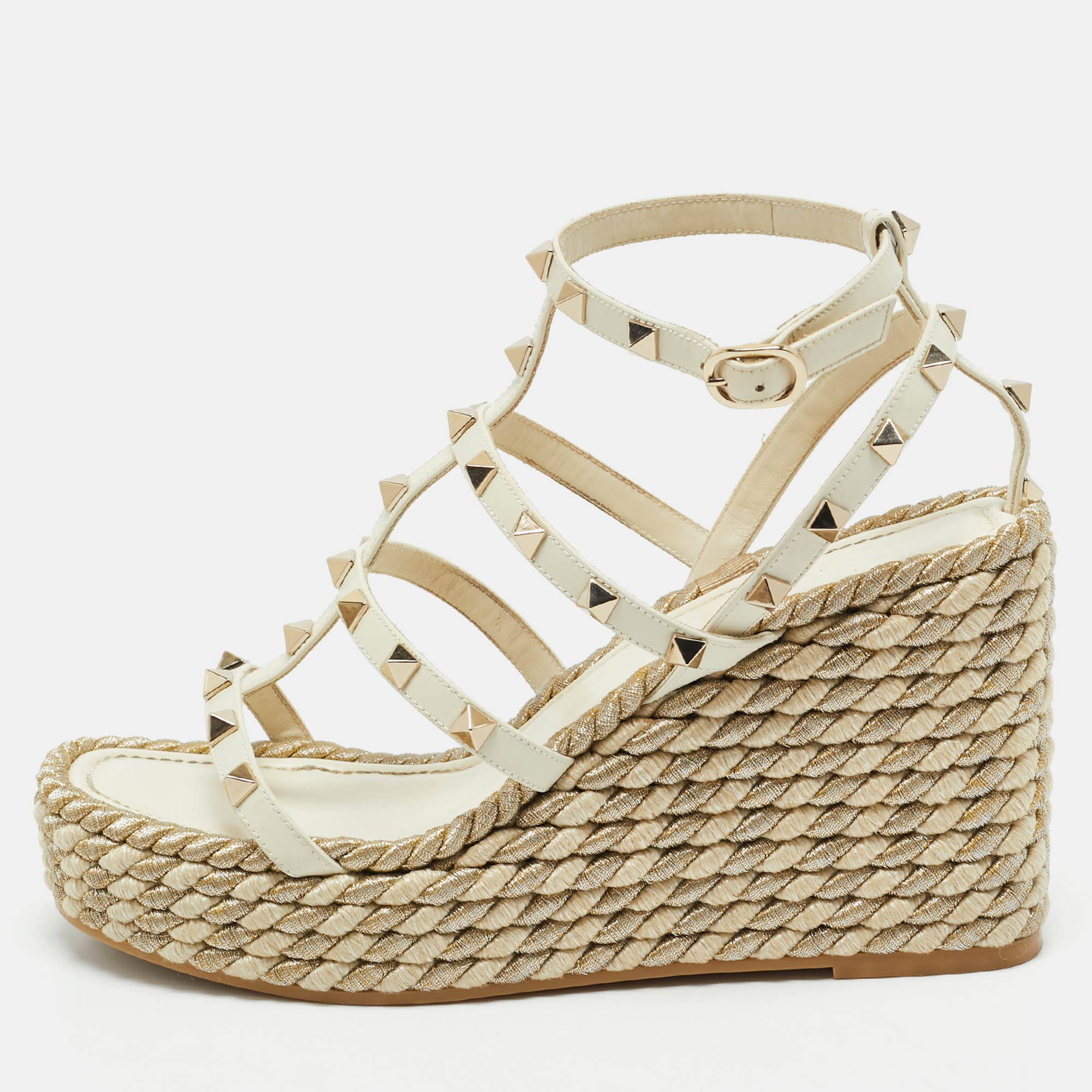 

Valentino Cream Leather Rockstud Wedge Sandals Size