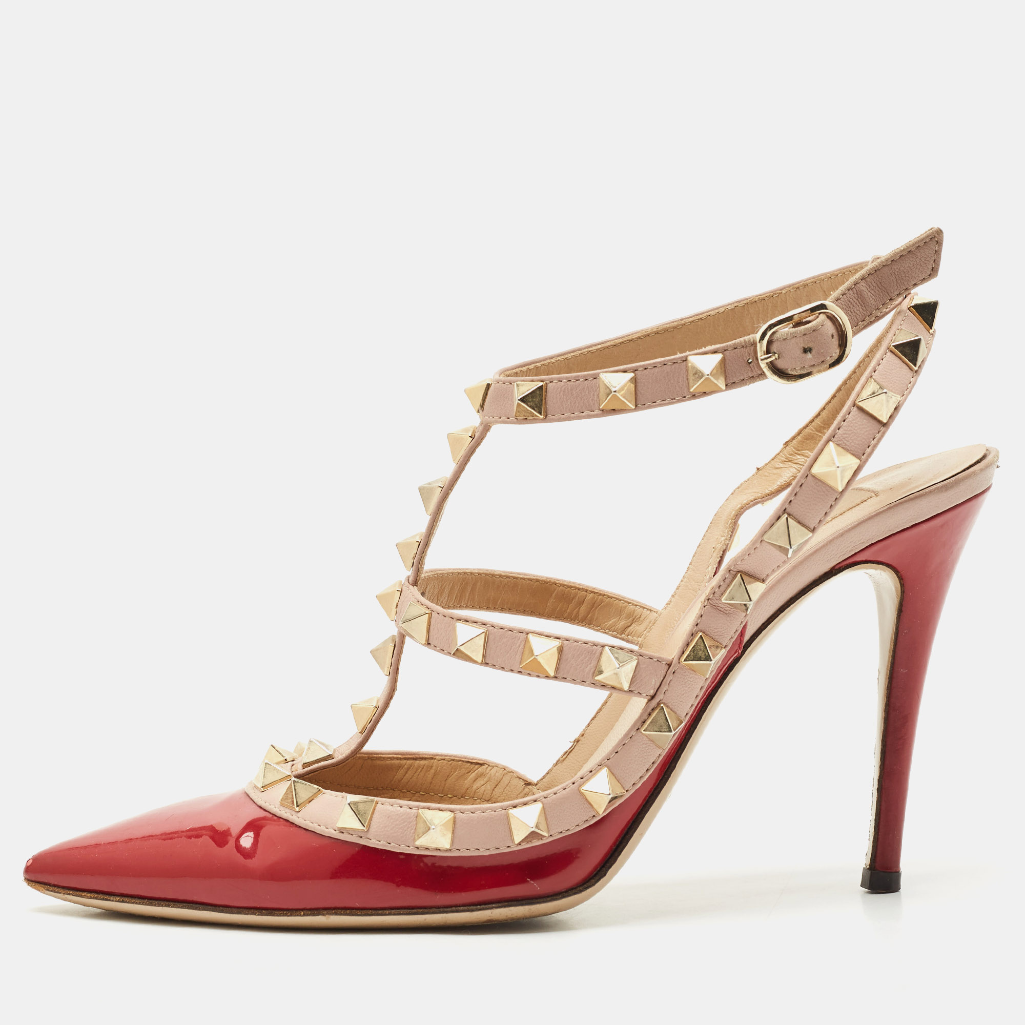 

Valentino Red/Beige Patent Leather Rockstud Ankle Strap Pumps Size
