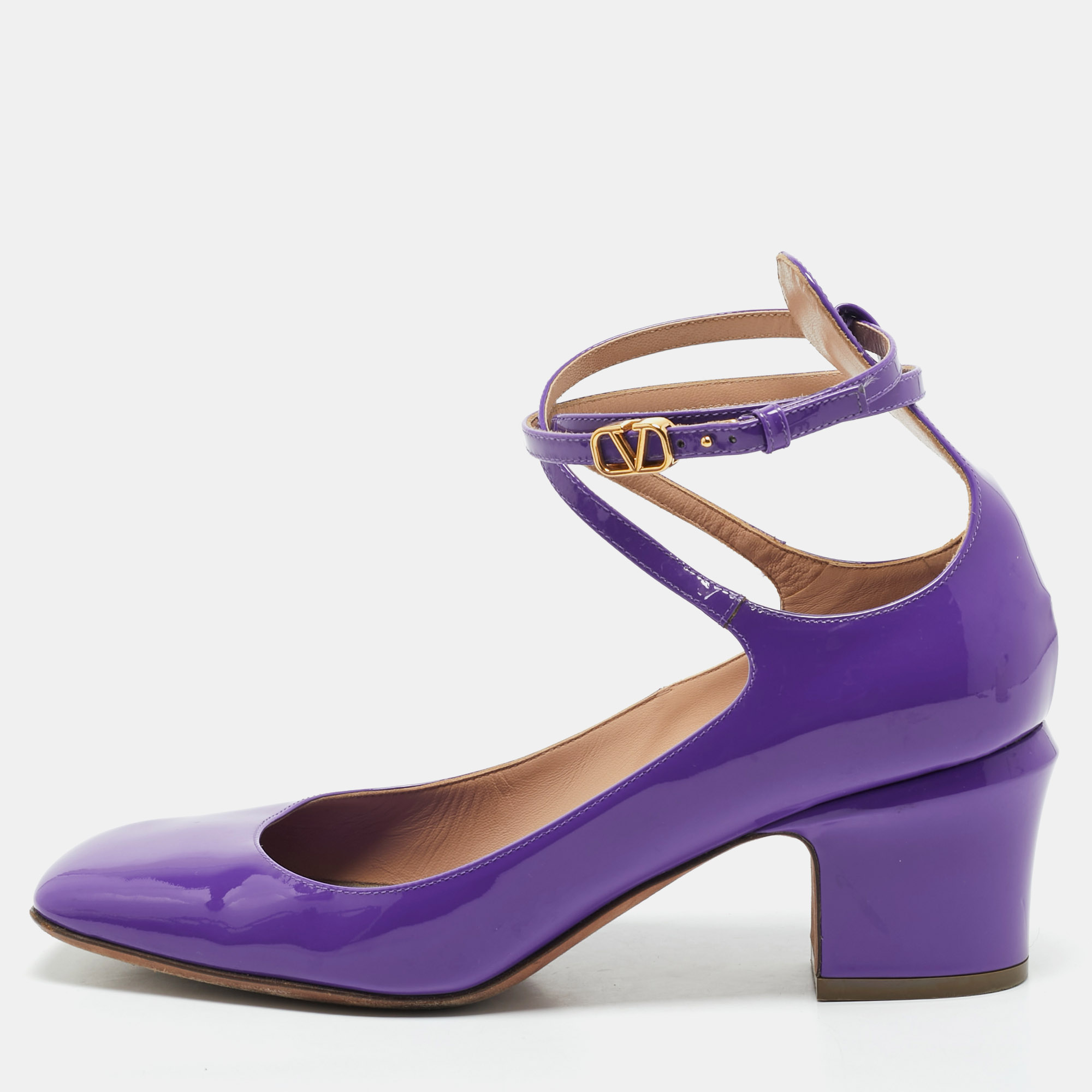 

Valentino Purple Patent Leather Tan-Go Block Heel Pumps Size