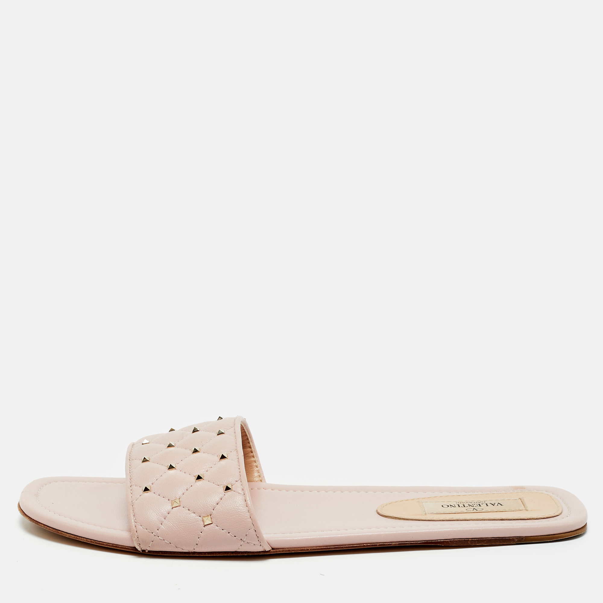 

Valentino Light Pink Quilted Leather Rockstud Flat Slide Sandals Size