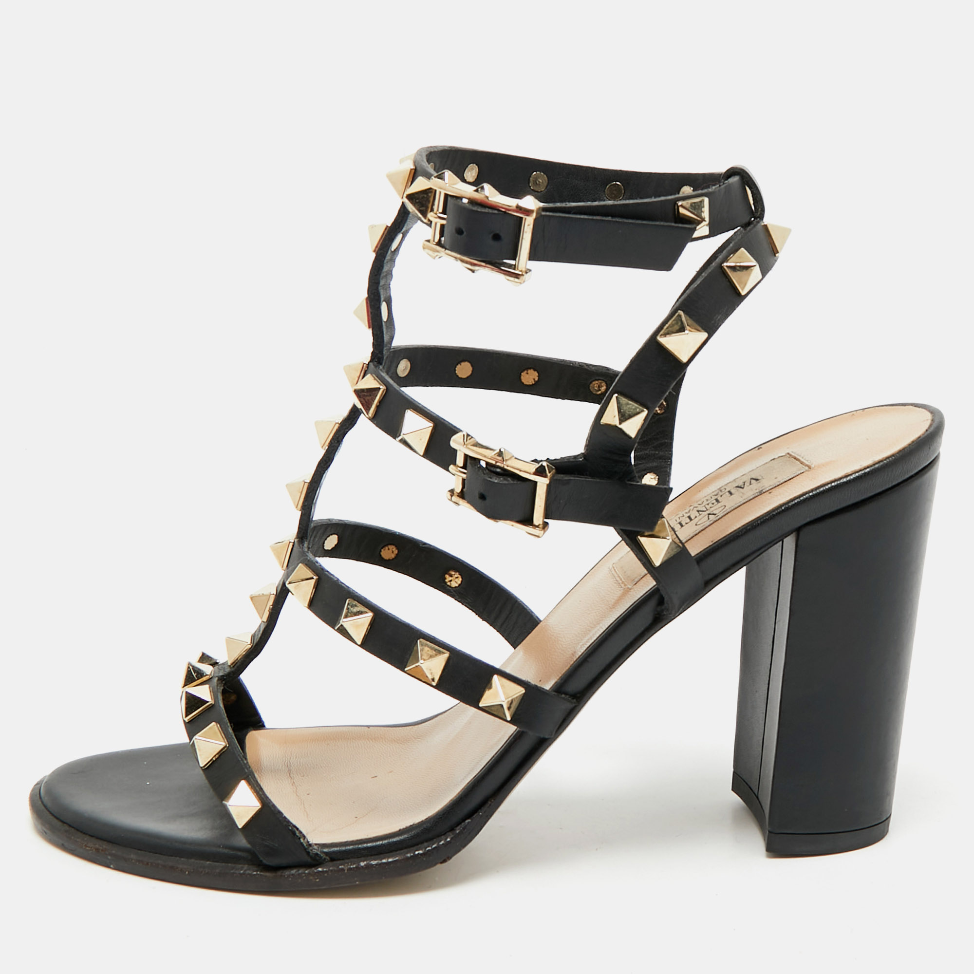 

Valentino Black Leather Rockstud Block Heel Strappy Sandals Size