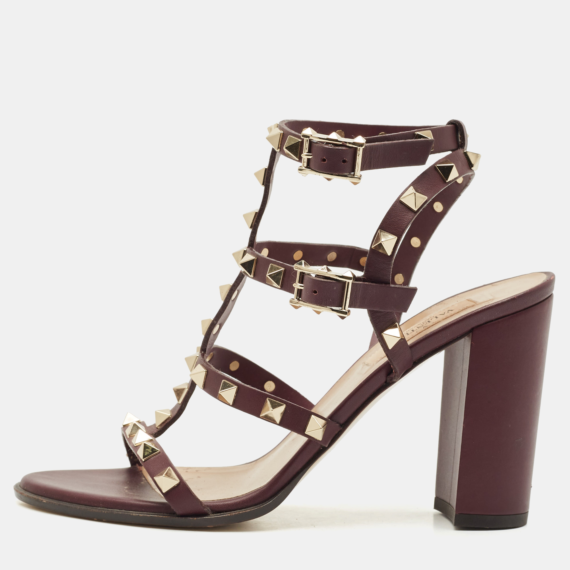 

Valentino Burgundy Leather Rockstud Ankle Strap Sandals Size