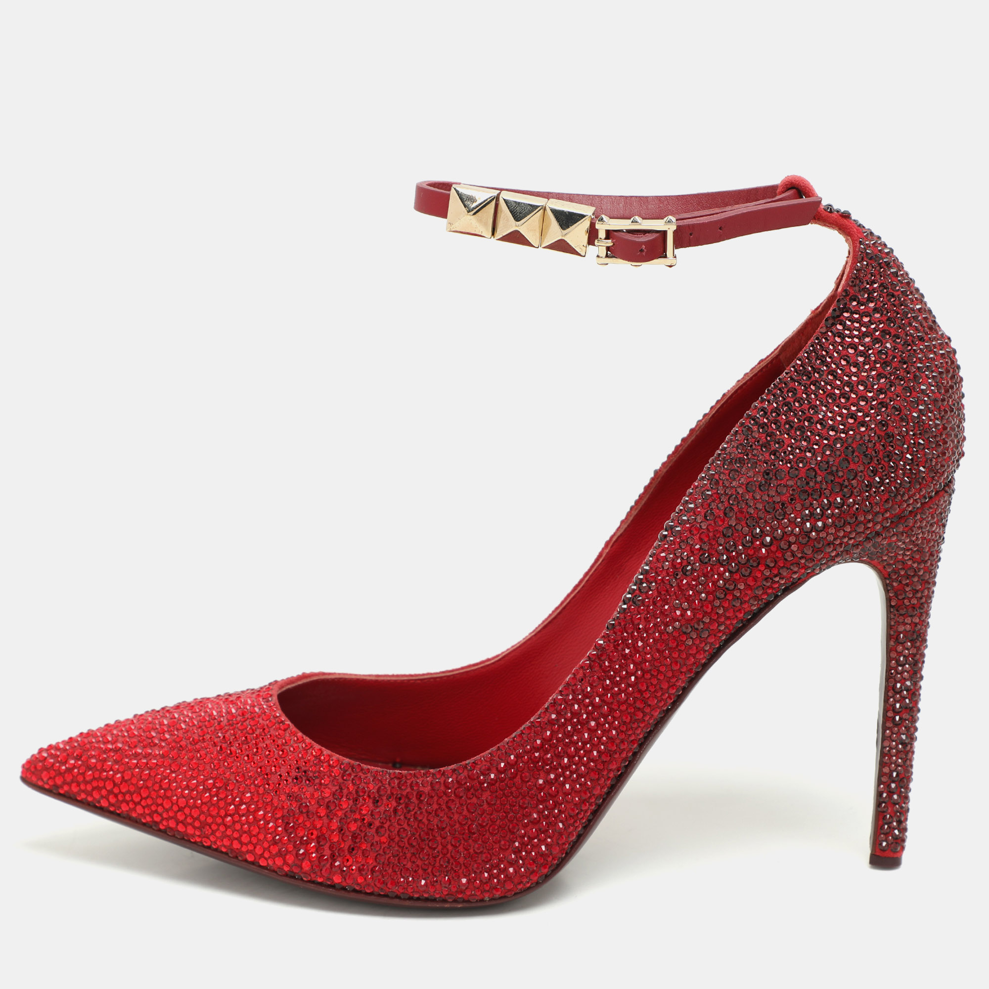 

Valentino Burgundy Suede Crystal Embellished Ankle Strap Pumps Size 37