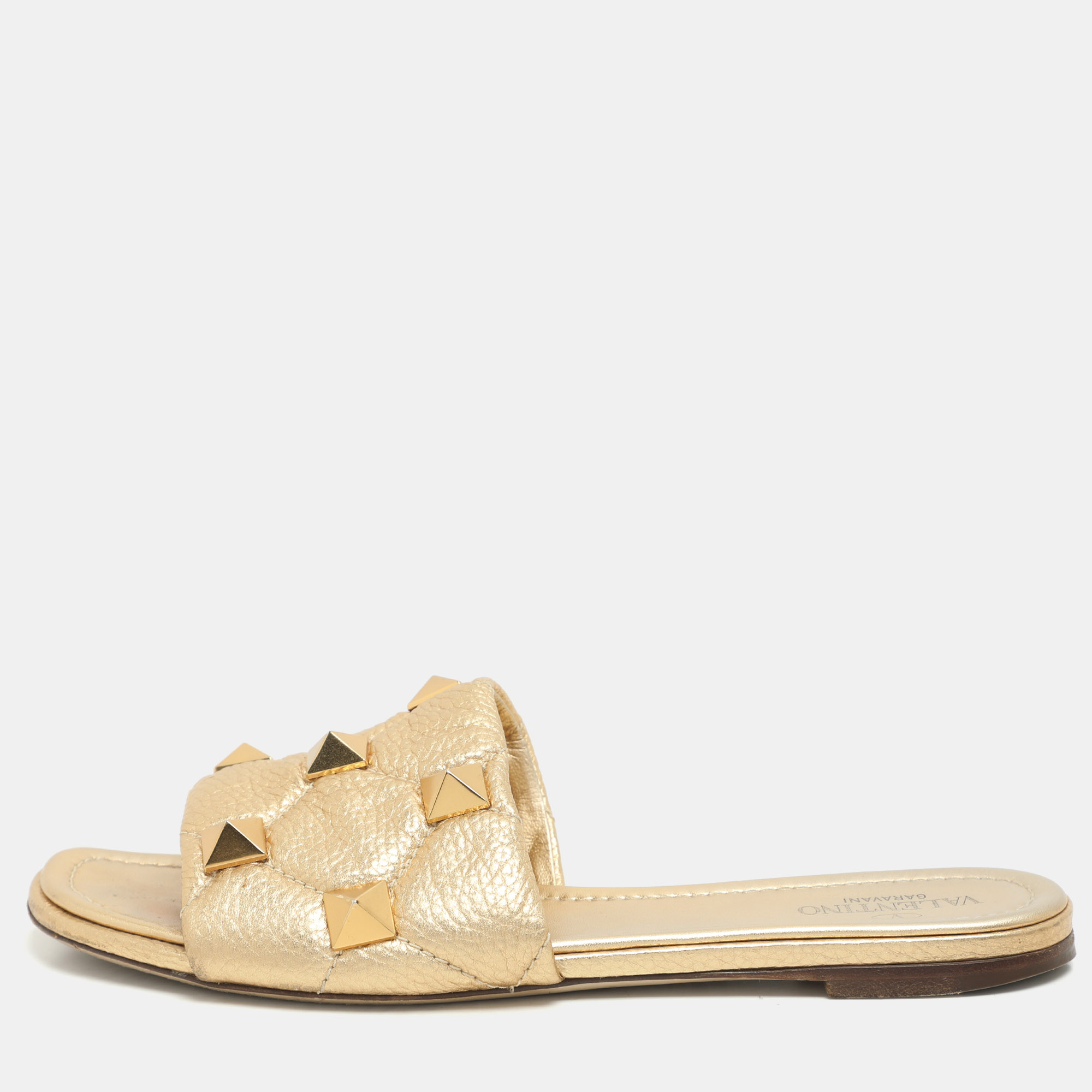 

Valentino Gold Quilted Leather Roman Stud Flat Slides Size