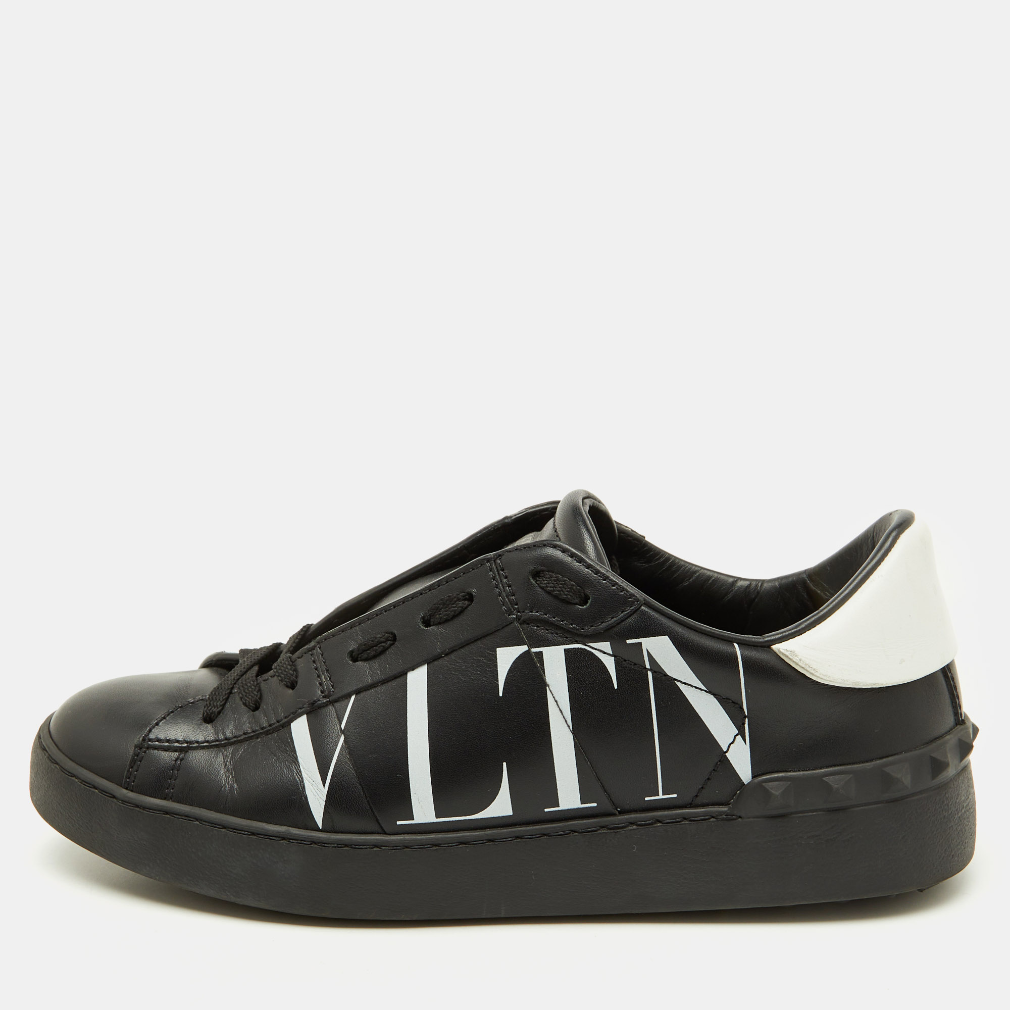 Valentino Black/White Leather VLTN Open Rockstud Low Top Sneakers Size 39