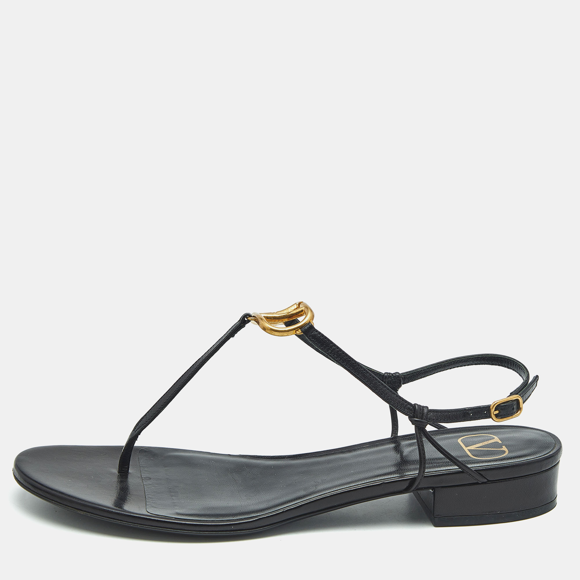 

Valentino Black Leather VLogo Thong Sandals Size