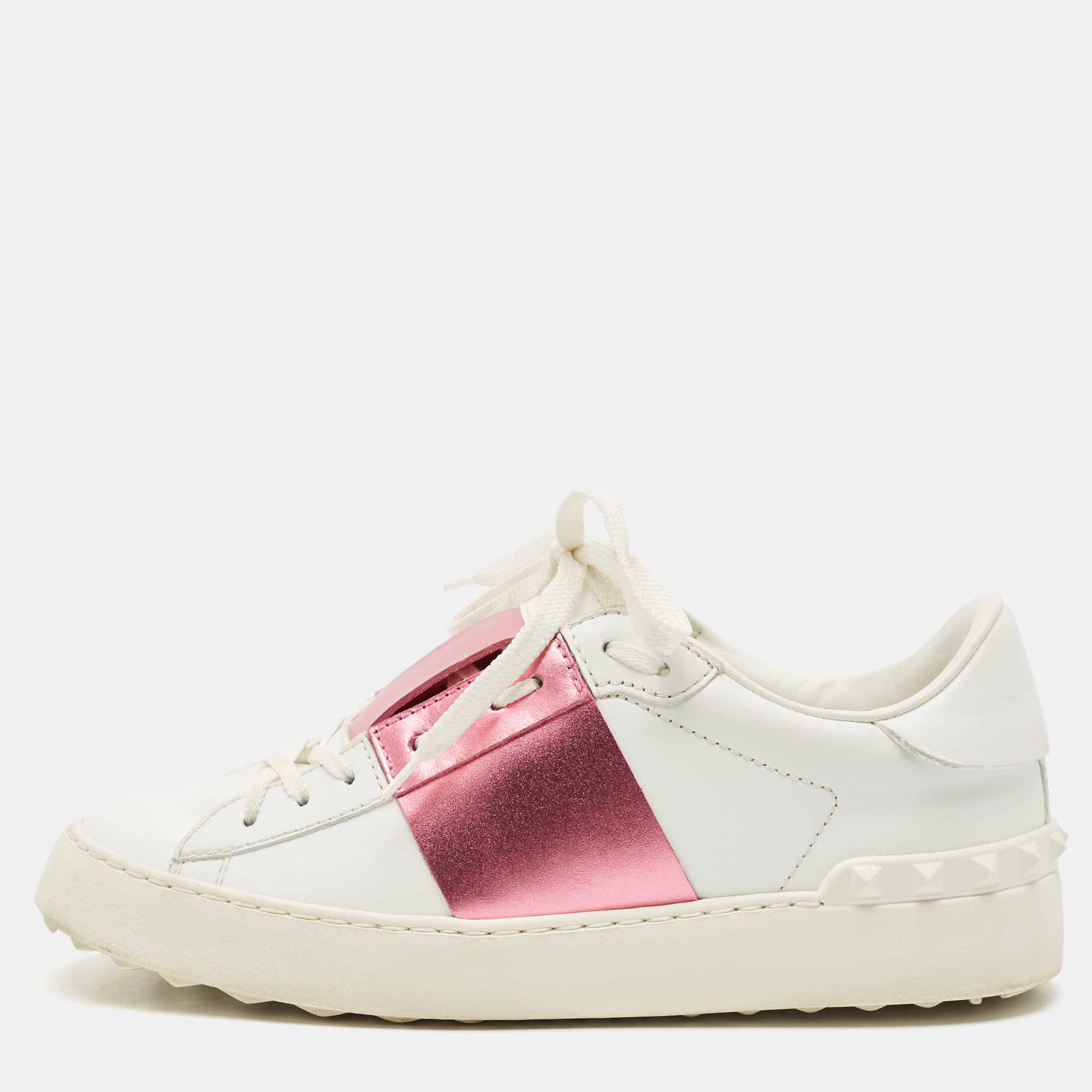 

Valentino White/Pink Leather Rockstud Lace Up Sneakers Size