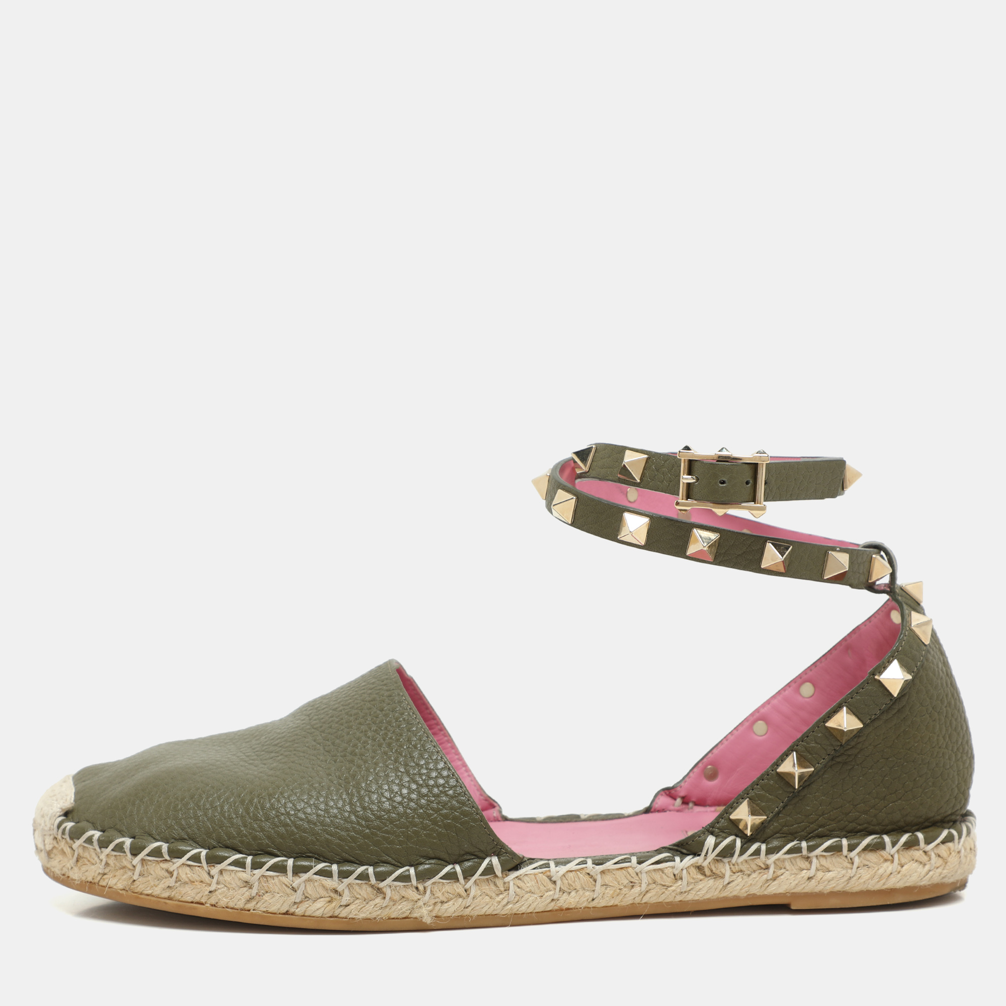 

Valentino Olive Green Leather Rockstud Ankle Strap Espadrille Flats Size
