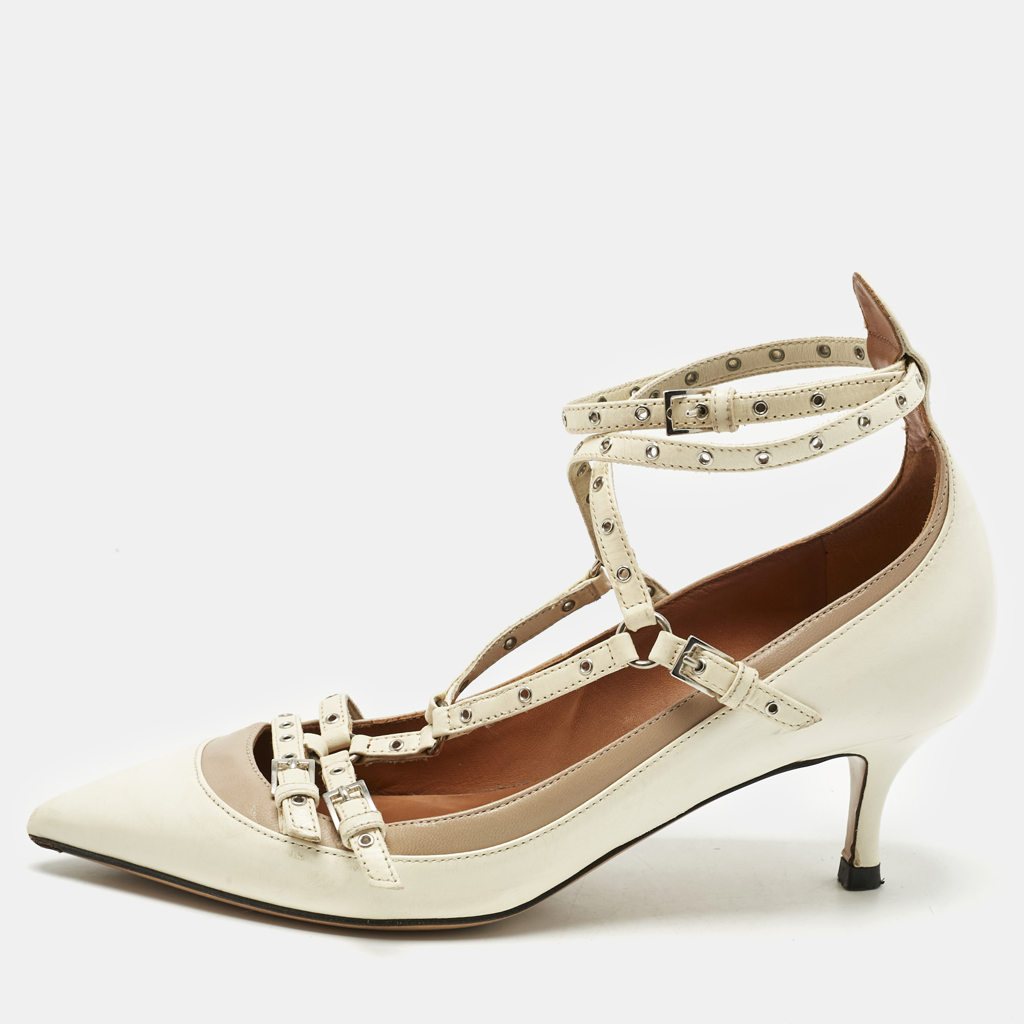 

Valentino Cream/Beige Leather Kitten Heels Ankle Strap Pointed Toe Pumps Size