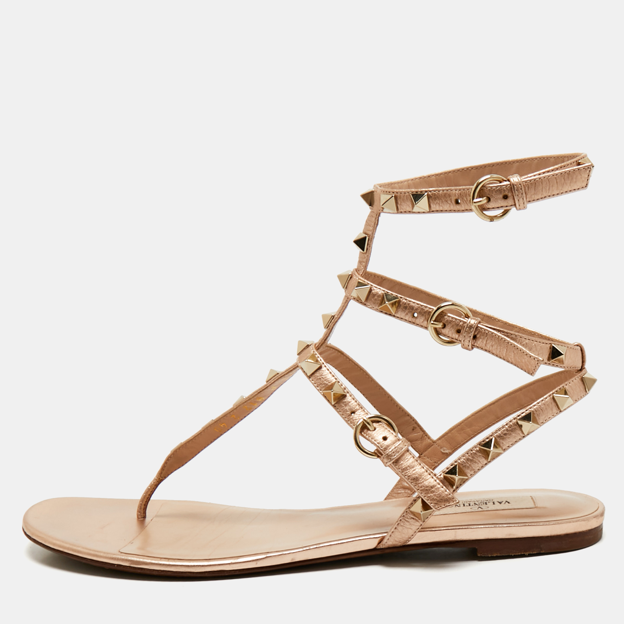 

Valentino Metallic Leather Rockstud Ankle Strap Flat Sandals Size