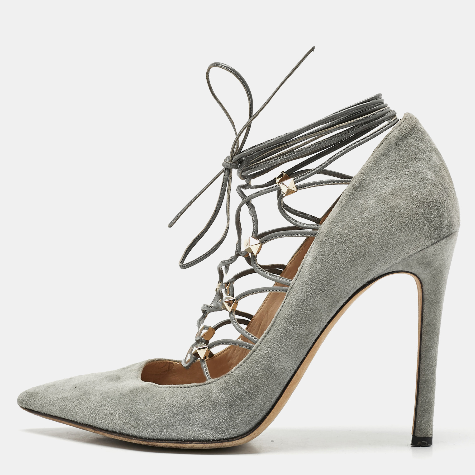 

Valentino Grey Suede Rockstud Ankle Wrap Pointed Toe Pumps Size