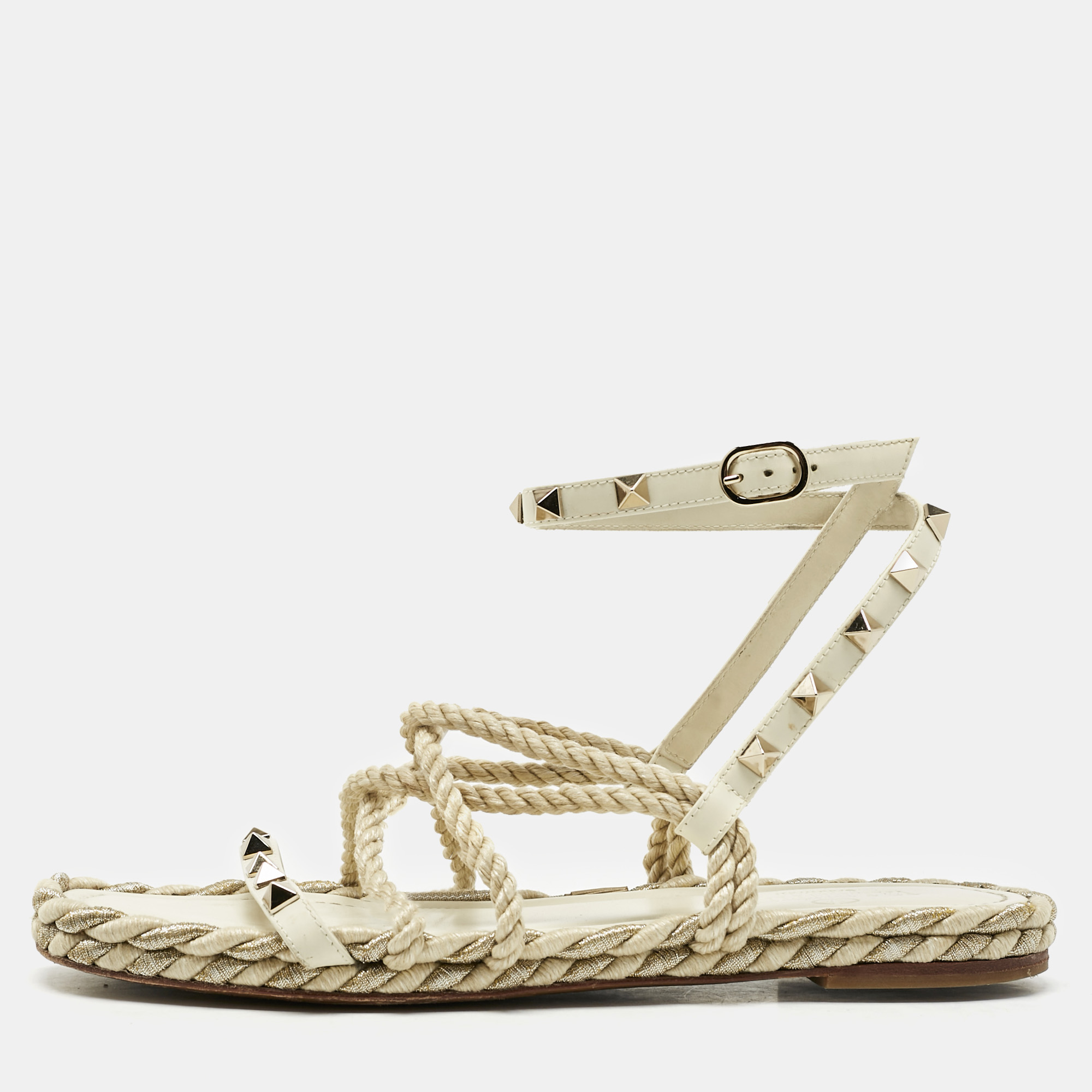 

Valentino Cream Woven Fabric Rockstud Torchon Sandals Size