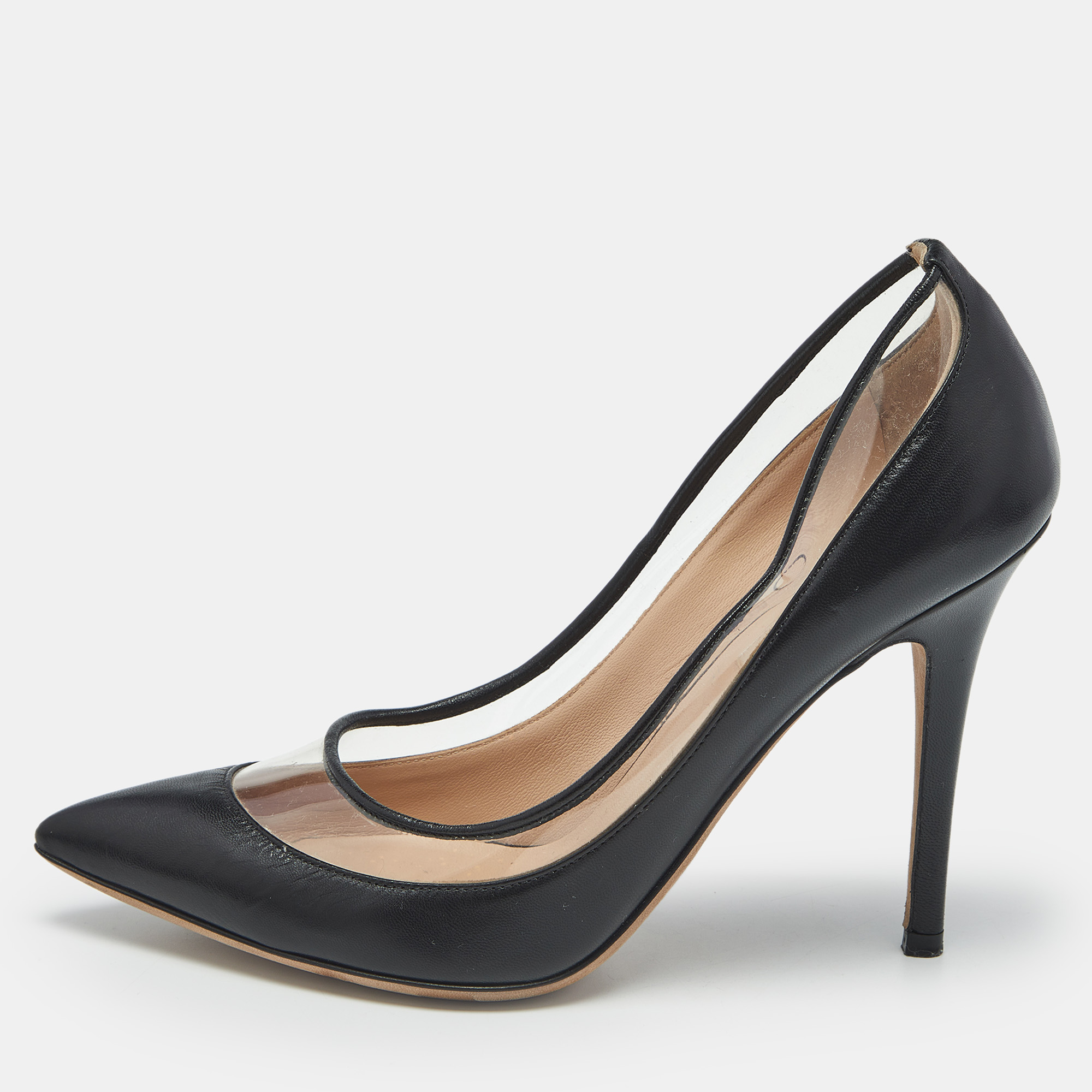 Pre-owned Valentino Garavani Black Leather And Pvc Dollybow Pointed Toe Pumps Size 37
