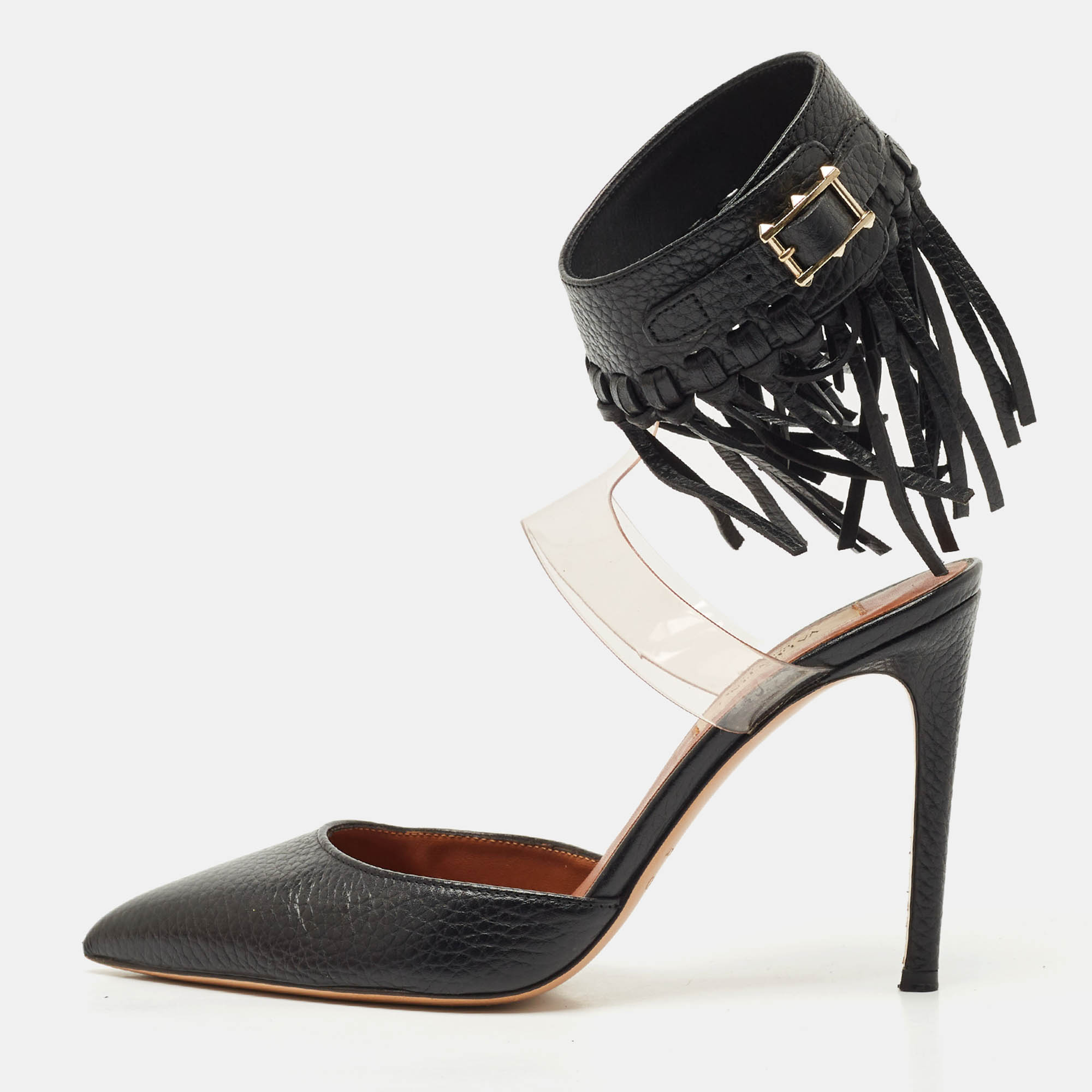 

Valentino Black Leather C-Rockee Fringe Ankle Strap Sandals Size