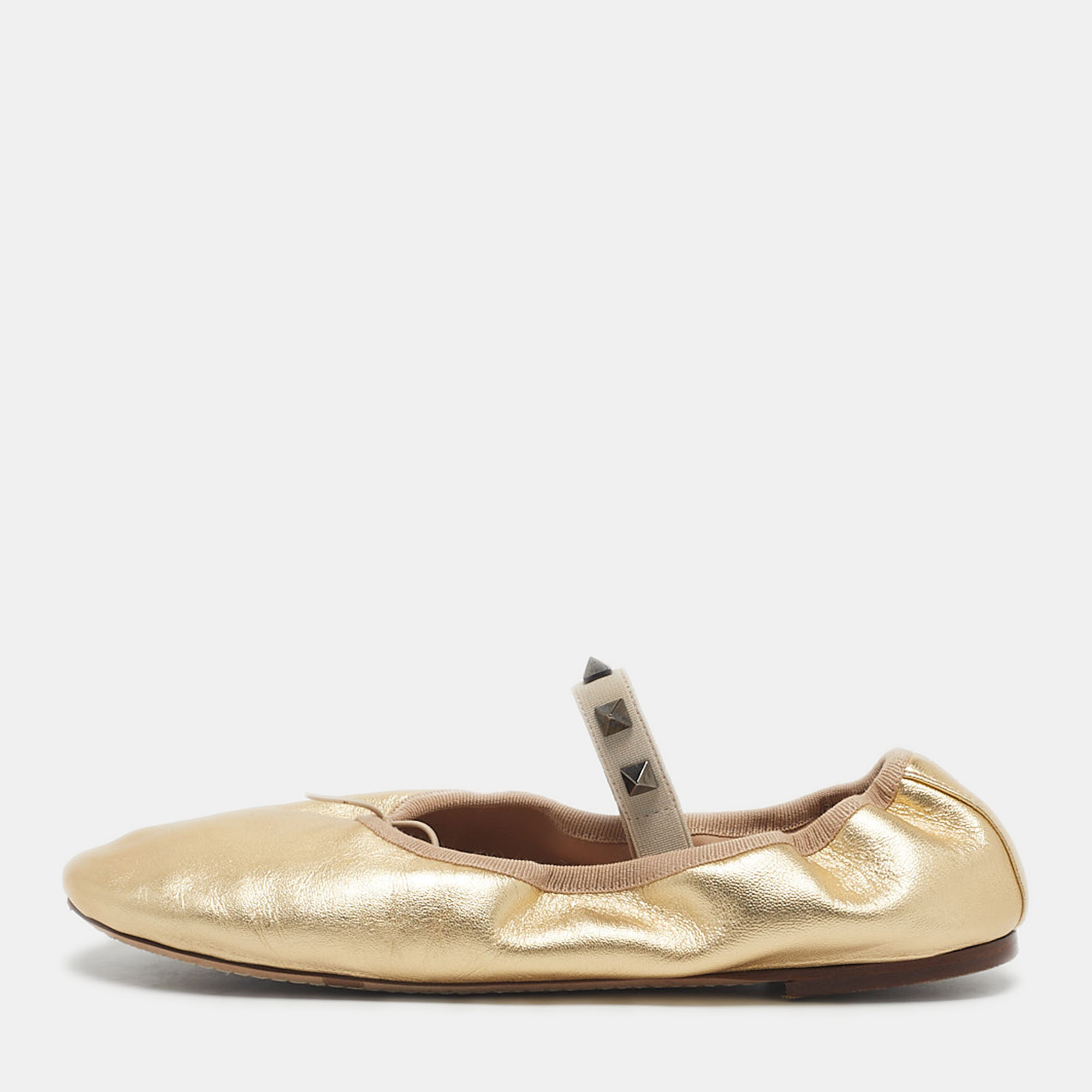 Pre-owned Valentino Garavani Gold Leather Rockstud Bow Ballet Flats Size 38