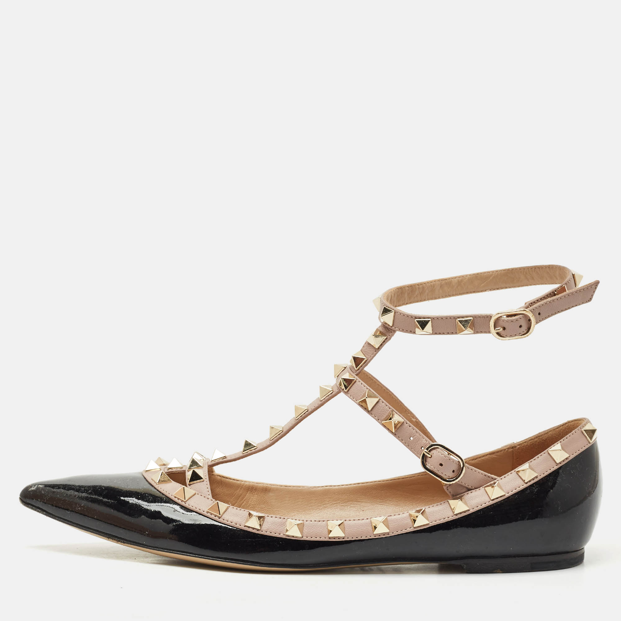 Pre-owned Valentino Garavani Black/beige Patent Leather Rockstud Ballet Flats Size 39.5