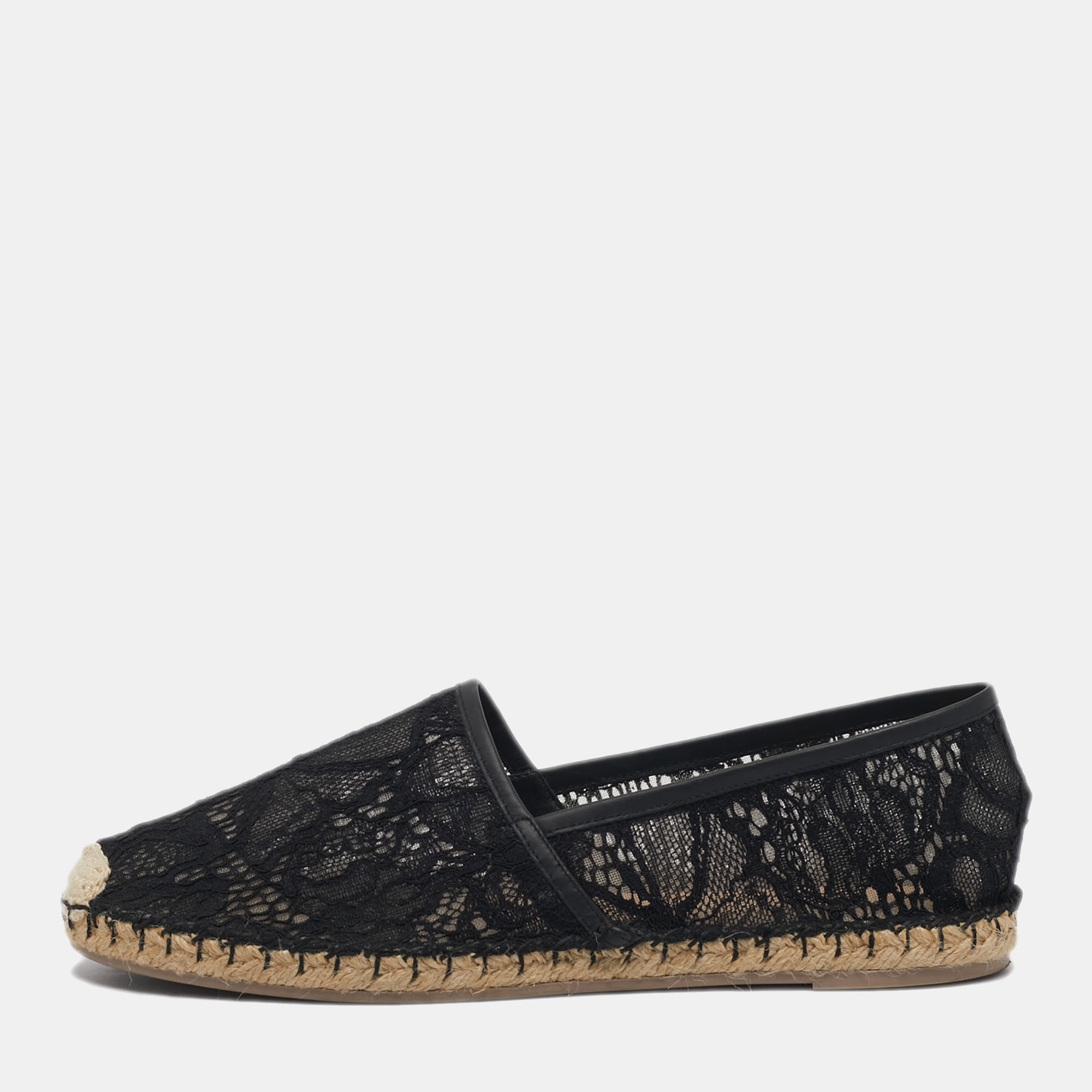 Pre-owned Valentino Garavani Black Lace And Leather Espadrille Flats Size 40