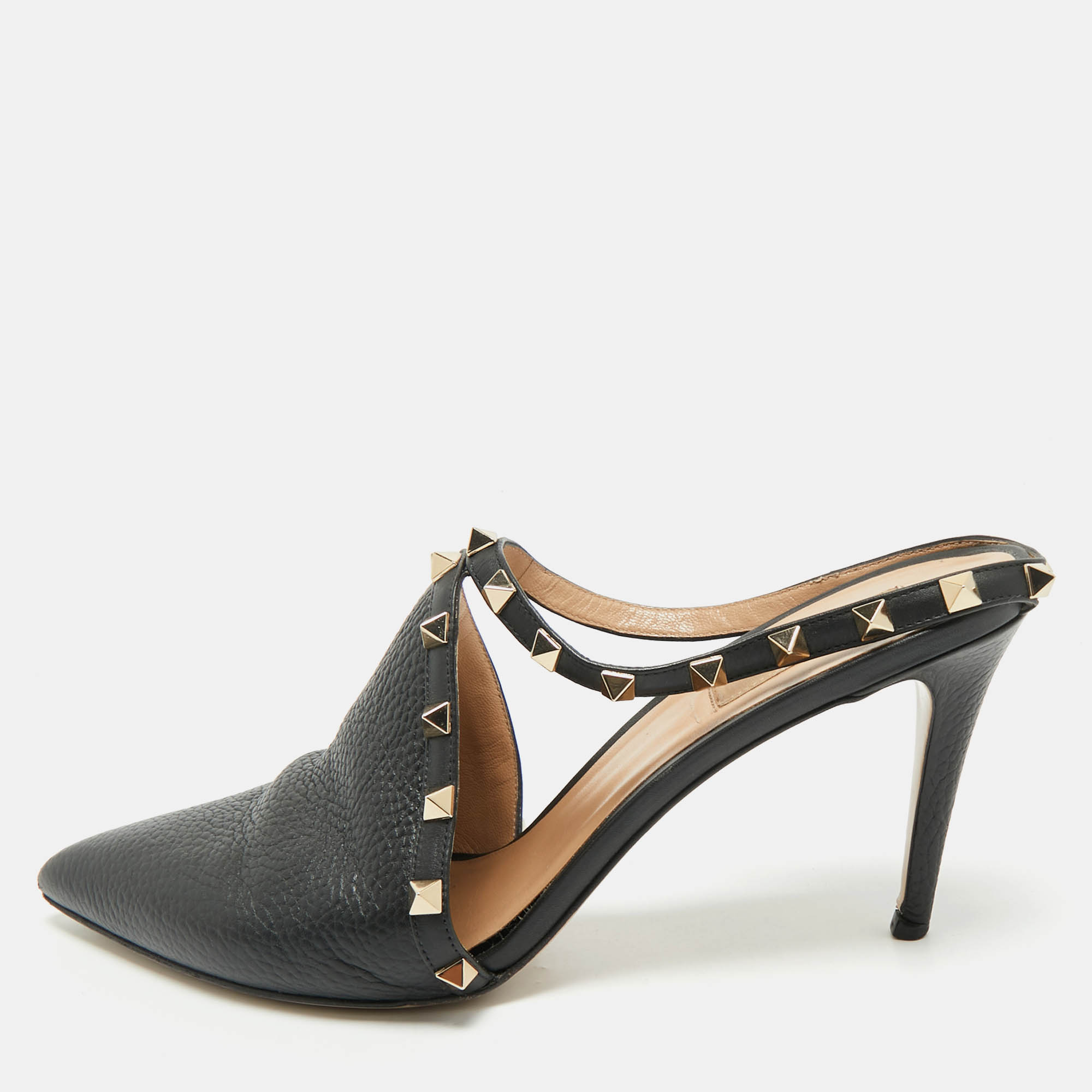 Pre-owned Valentino Garavani Black Leather Rockstud Heel Mules Size 41.5