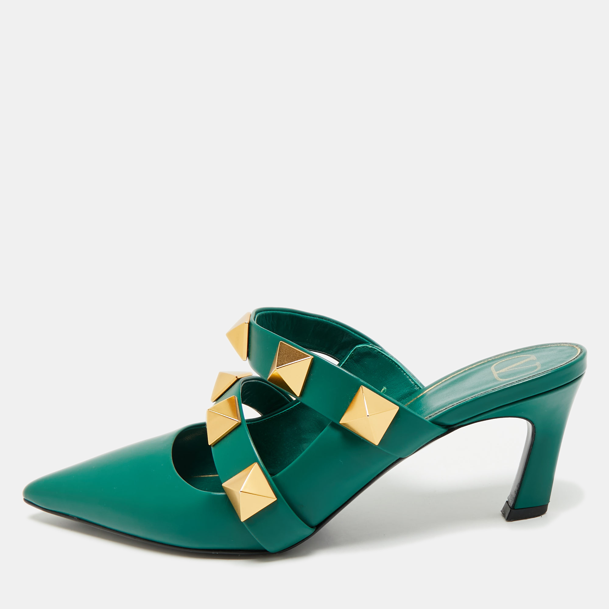 

Valentino Dark Green Leather Roman Stud Pointed Toe Mules Size
