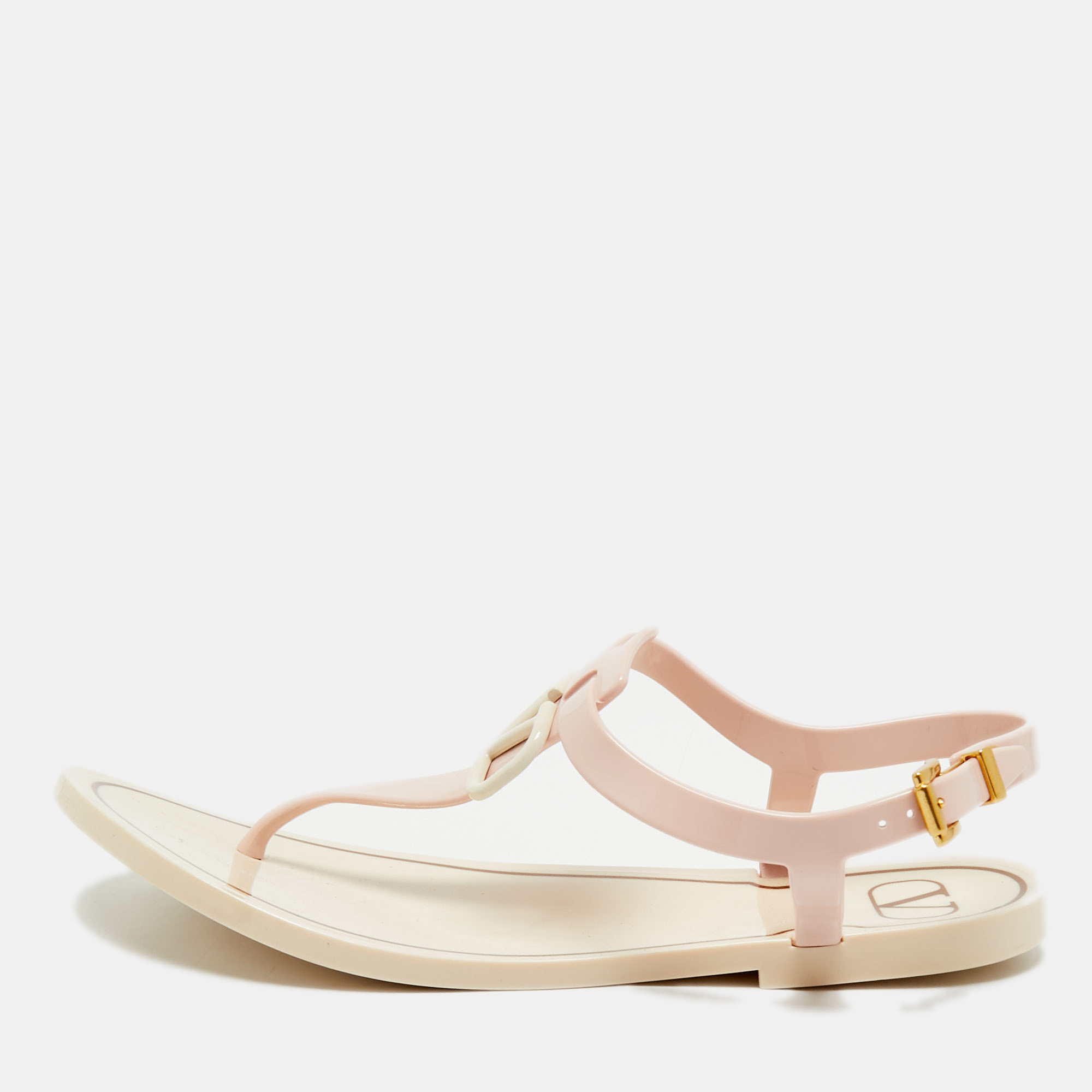 

Valentino Cream/Pink Rubber VLogo Thong Flat Sandals Size