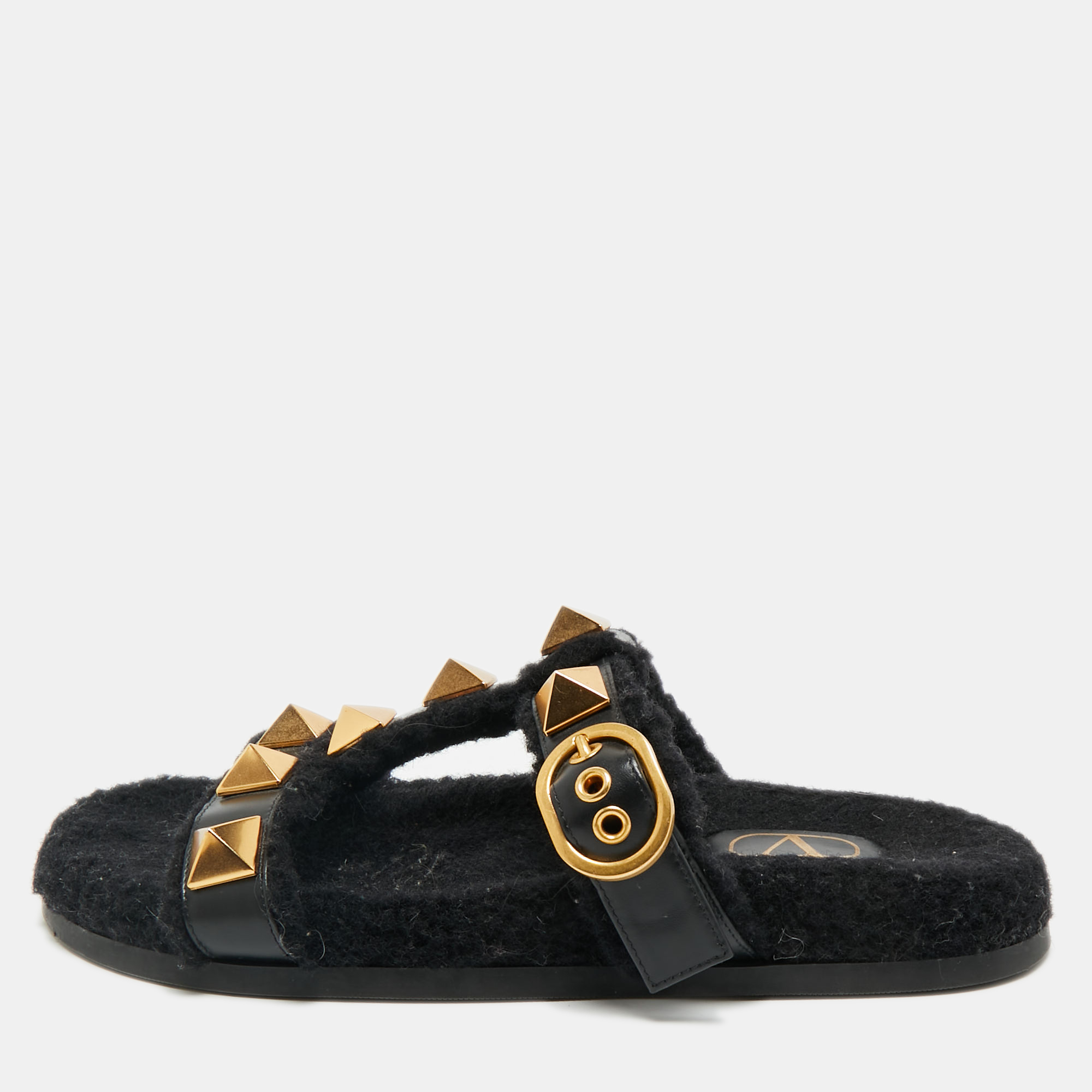 Pre-owned Valentino Garavani Black Leather And Shearling Roman Stud Flat Slide Sandals Size 39