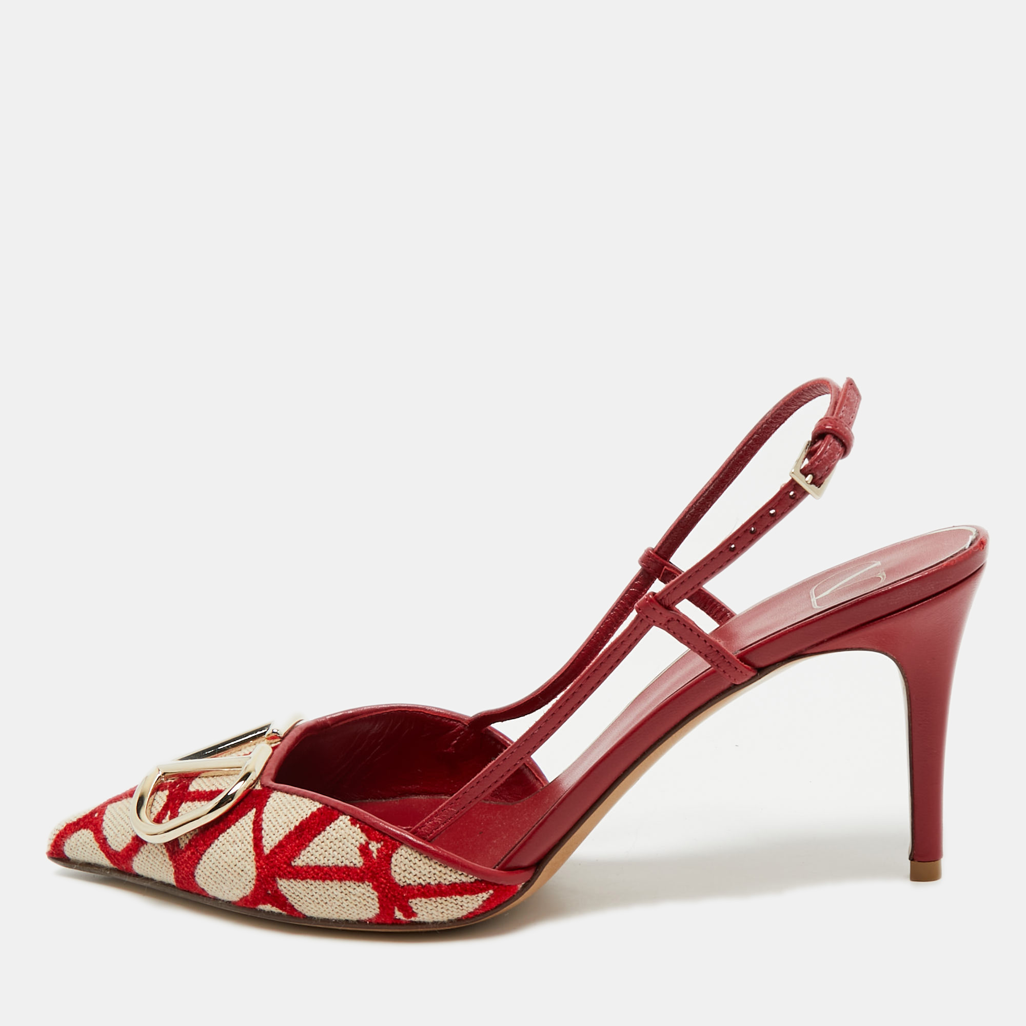 

Valentino Red/White Canvas and Leather VLogo Slingback Pumps Size