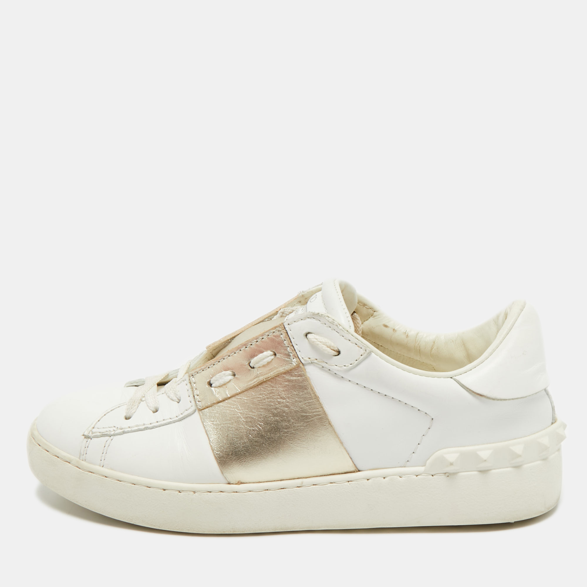 

Valentino White/Gold Leather Rockstud Low Top Sneakers Size