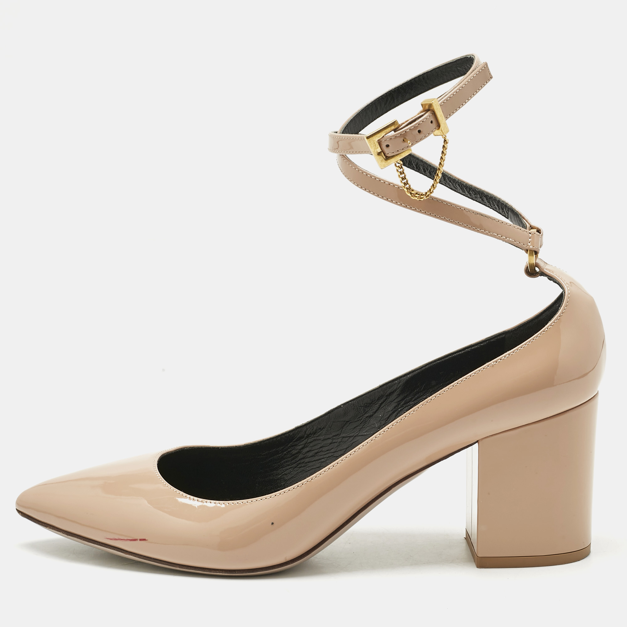 

Valentino Beige Patent Leather Tango Block Heel Ankle Strap Pumps Size