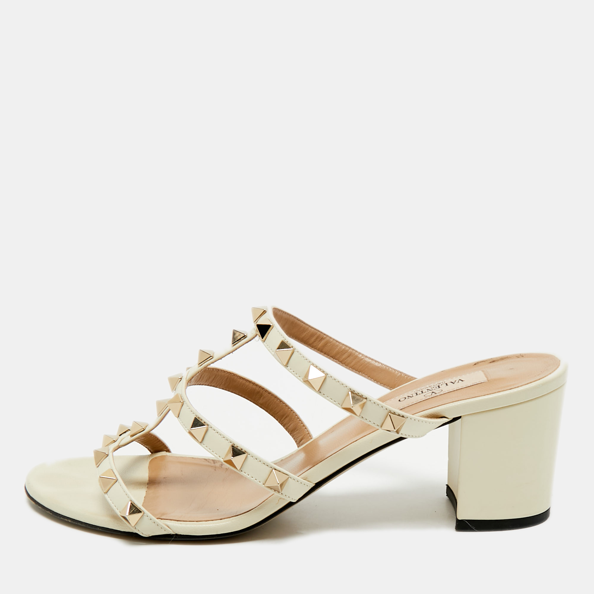 Pre-owned Valentino Garavani Ivory White Leather Rockstud Slide Sandals Size 39