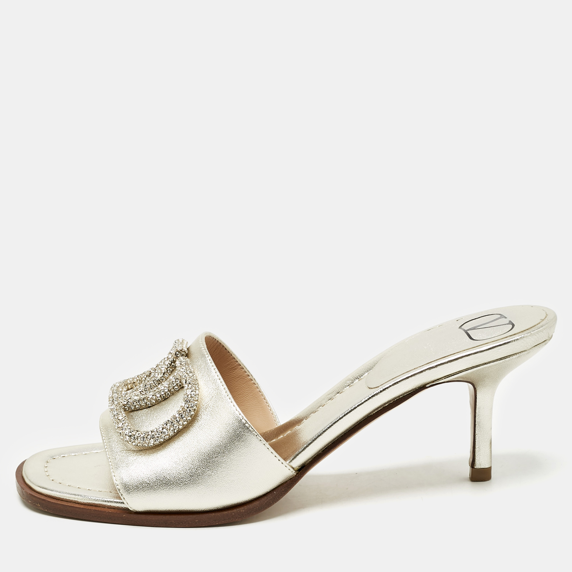 

Valentino Gold Leather VLogo Crystals Slide Sandals Size