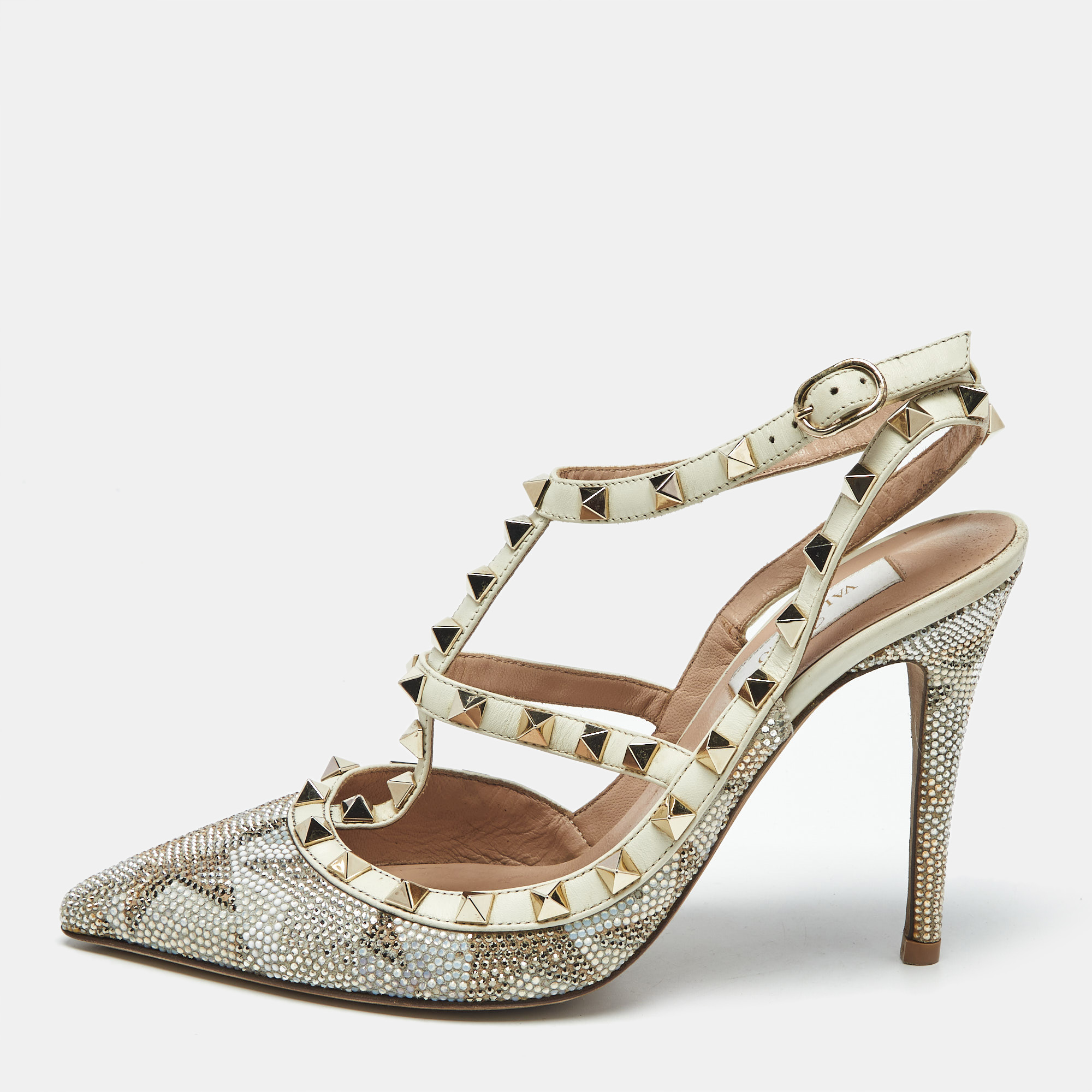 Pre-owned Valentino Garavani Multicolor Leather Crystal Embellished Rockstud Ankle Strap Pumps Size 38