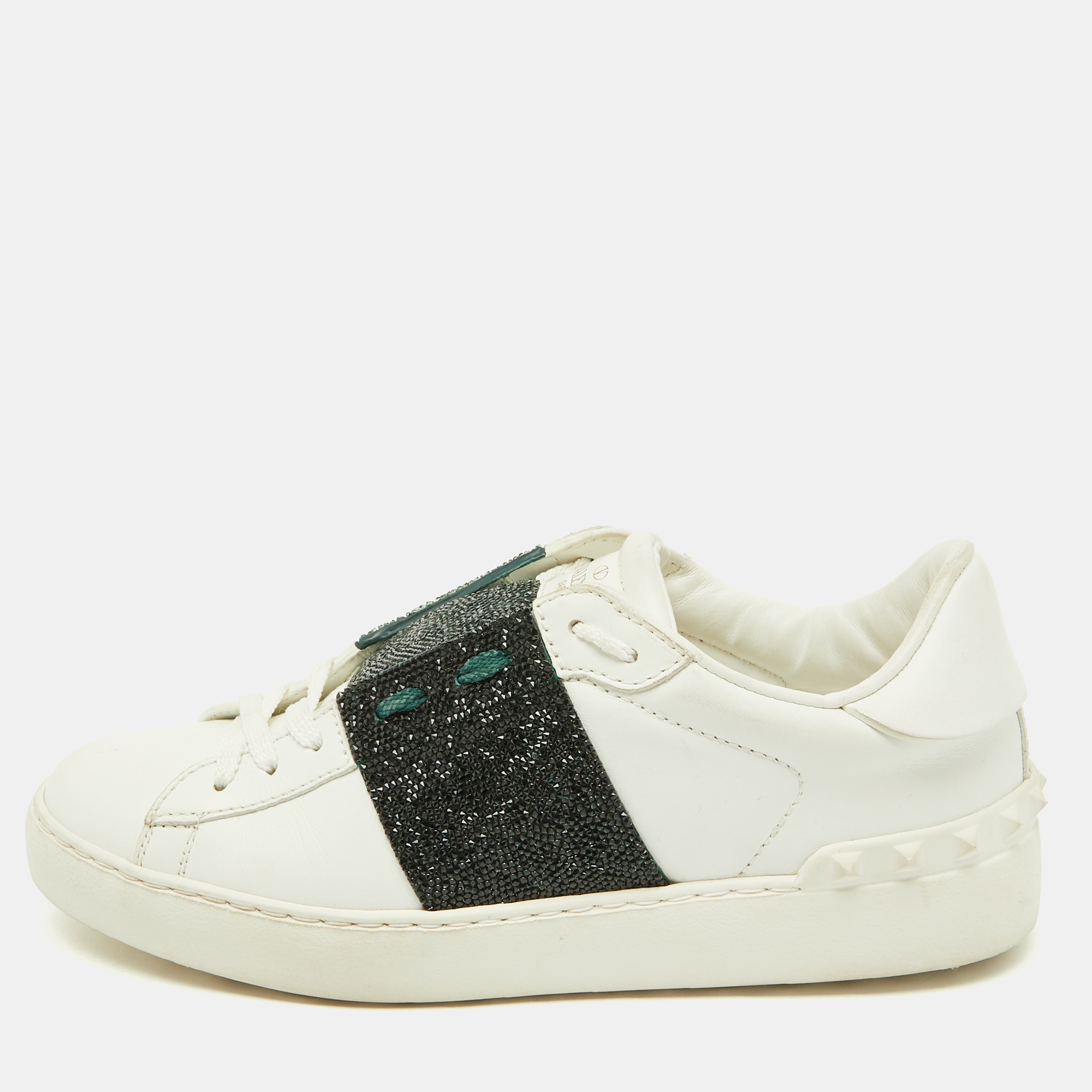 

Valentino White/Green Glitter and Leather Rockstud Low Top Sneakers Size