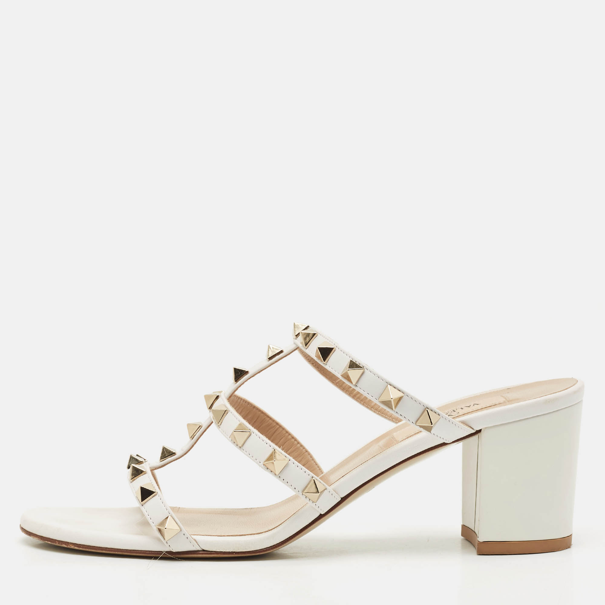 

Valentino White Leather Rockstud Slide Sandals Size