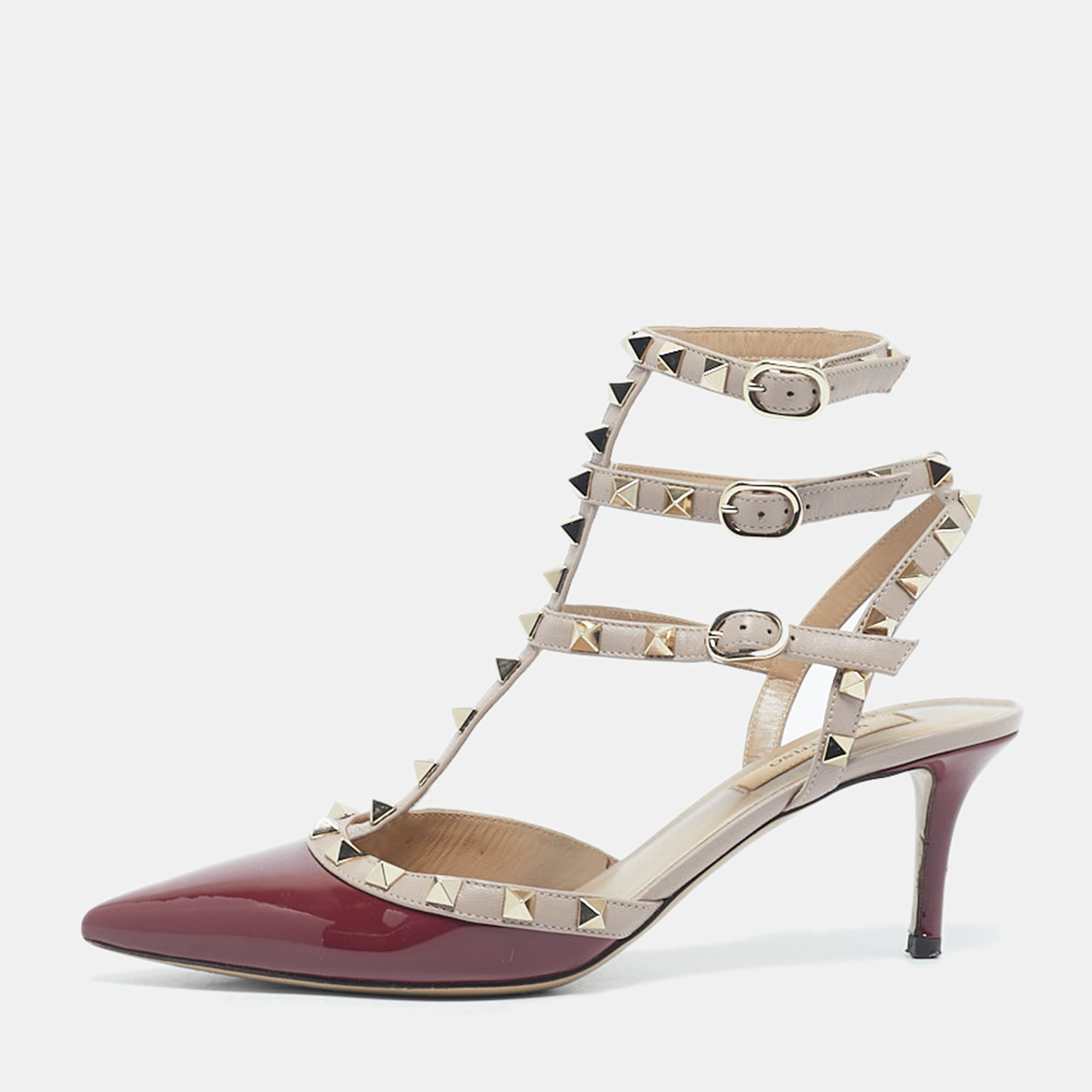

Valentino Burgundy/Beige Patent Leather Rockstud Ankle Strap Pumps Size