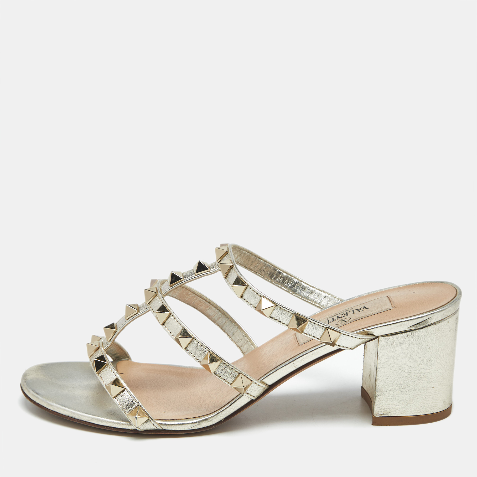 

Valentino Metallic Silver Leather Rockstud Caged Slide Sandals Size