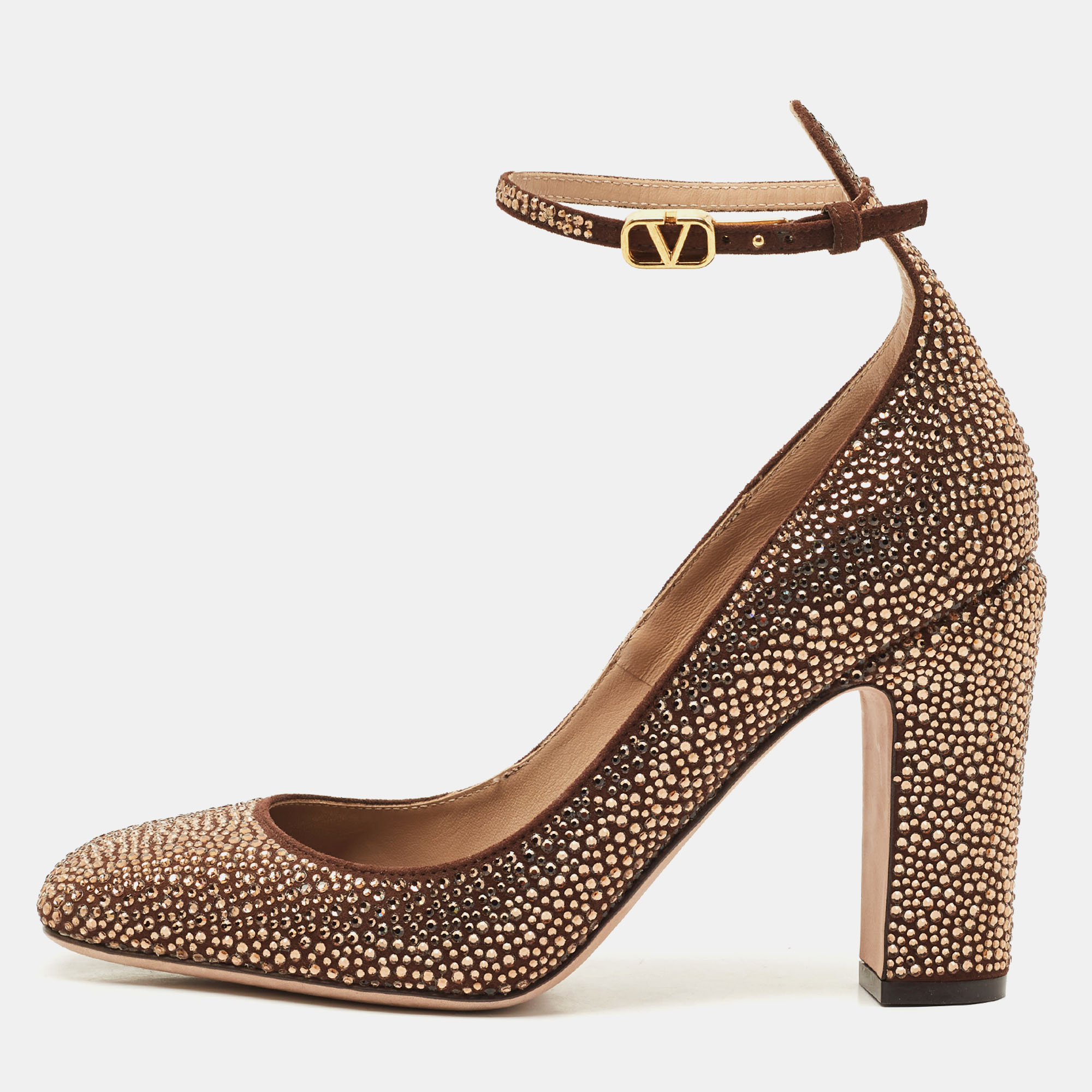 Pre-owned Valentino Garavani Dark Brown Suede Crystal Embellished Block Heel Pumps Size 38.5