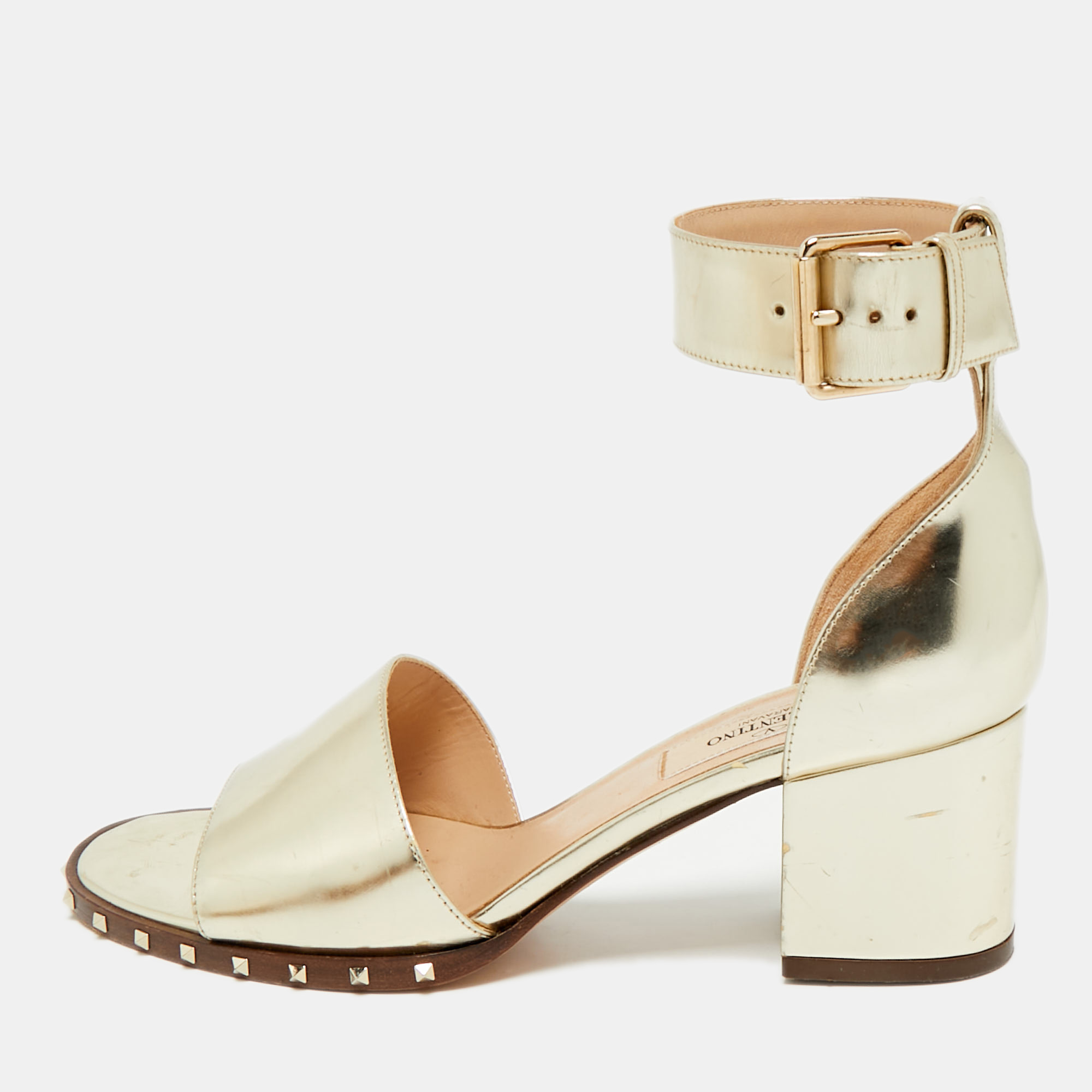 

Valentino Gold Leather Soul Rockstud Ankle Strap Block Heel Sandals Size