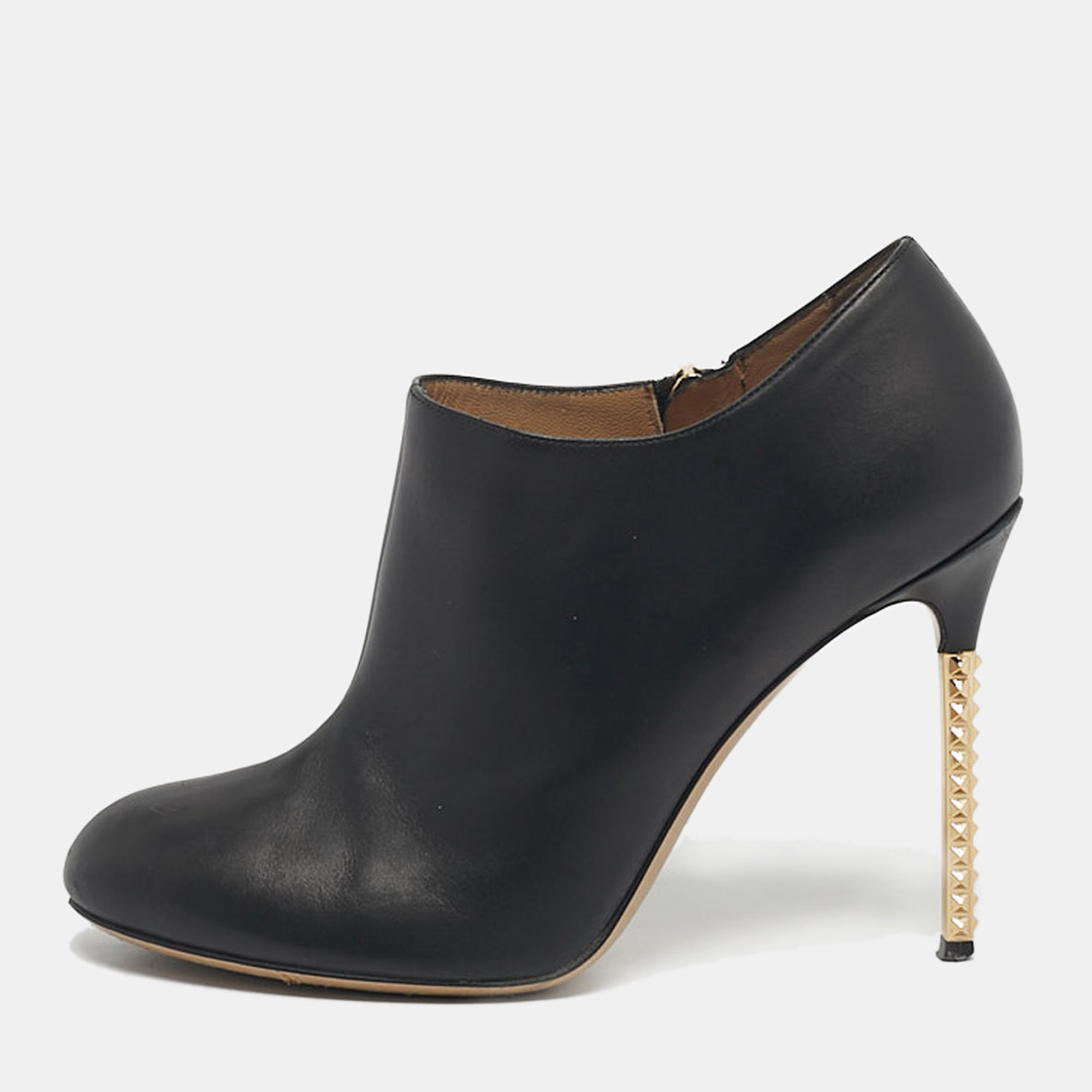 Pre-owned Valentino Garavani Black Leather Rockstud Heel Ankle Length Boots Size 37